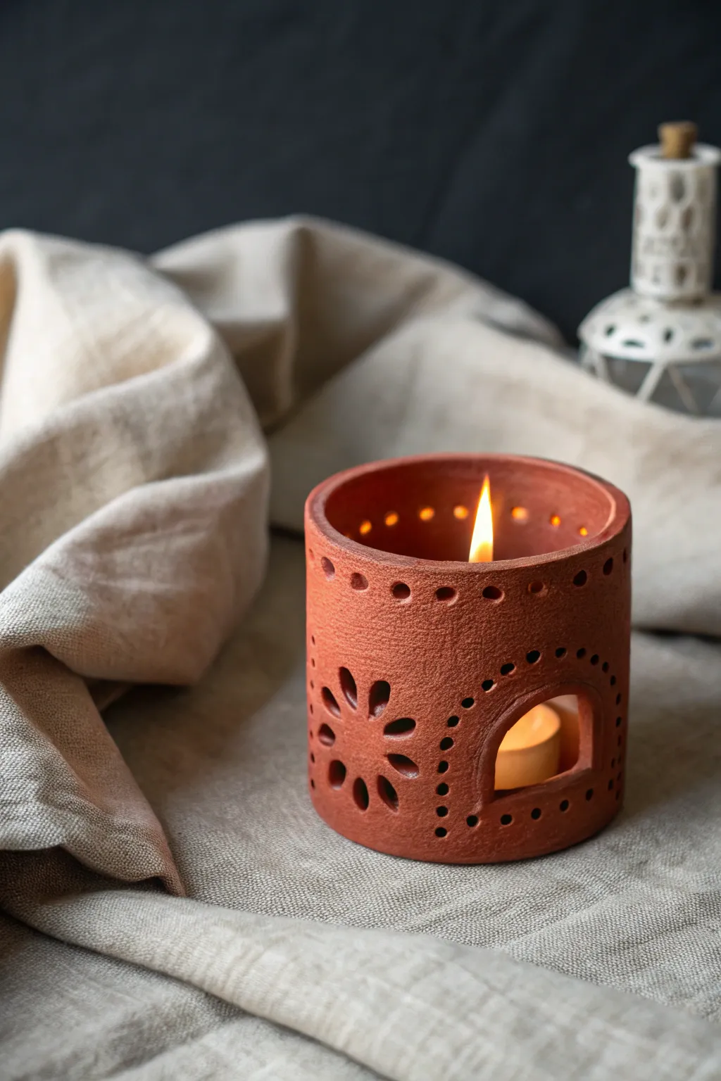 Warm-glowing terracotta cutout candle holder, a simple red clay DIY with cozy boho minimal style.