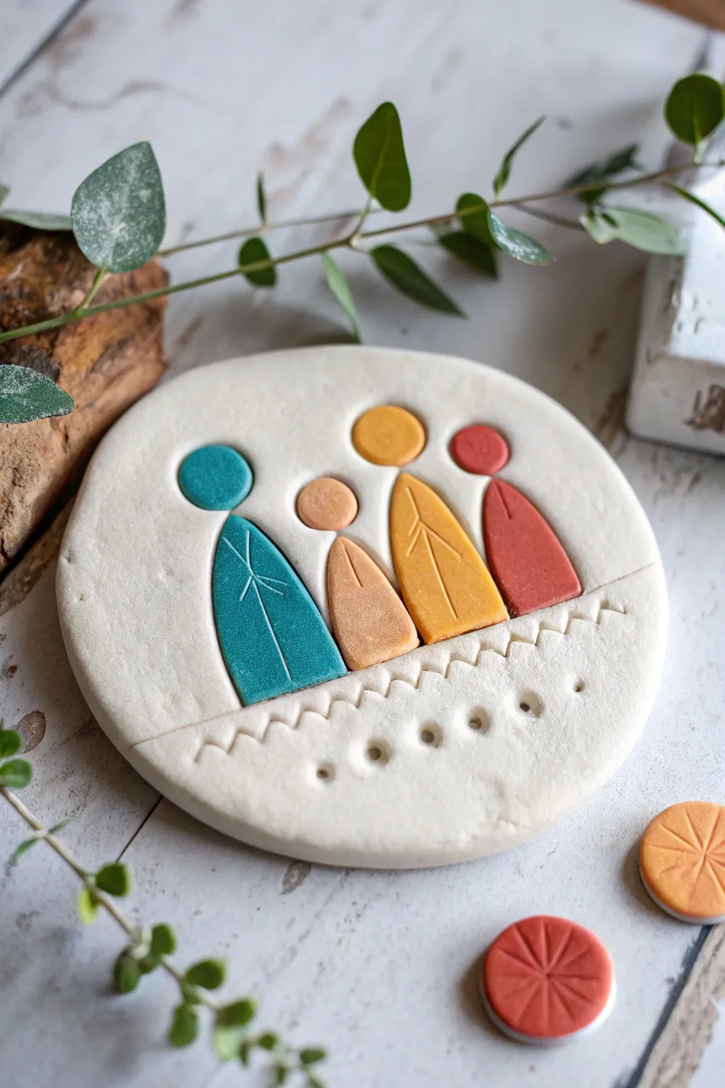 Handmade salt dough family magnet in cheerful colors, simple, sweet Fathers Day keepsake.
