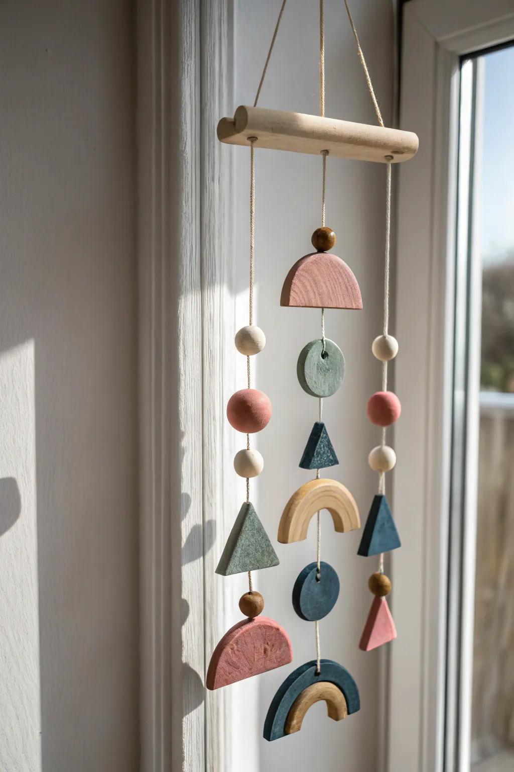 Calm geometric salt dough mobile in muted boho tones, perfect for minimalist adult decor
