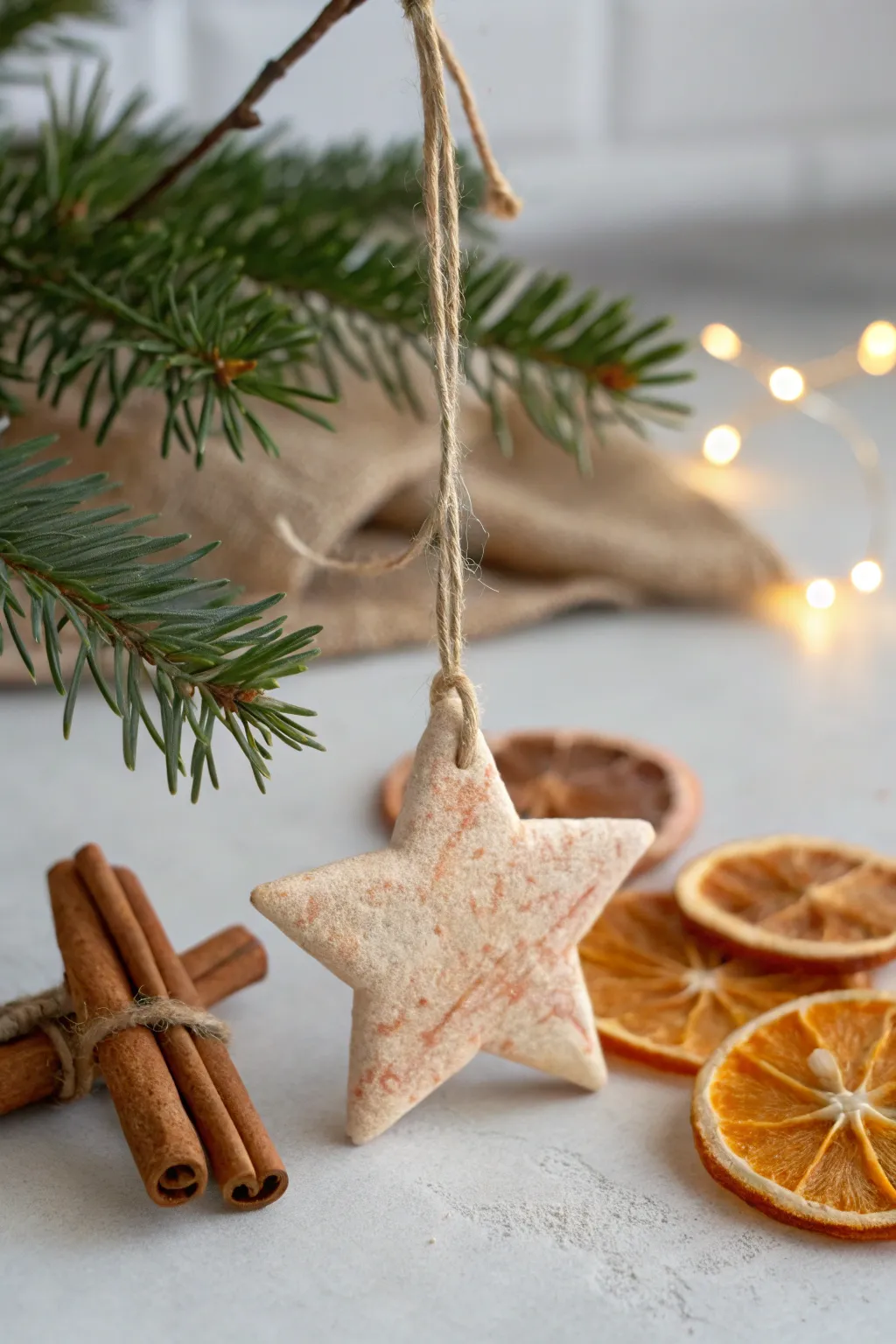 Warm spice-scented salt dough ornament with jute and citrus for a cozy minimalist tree moment.