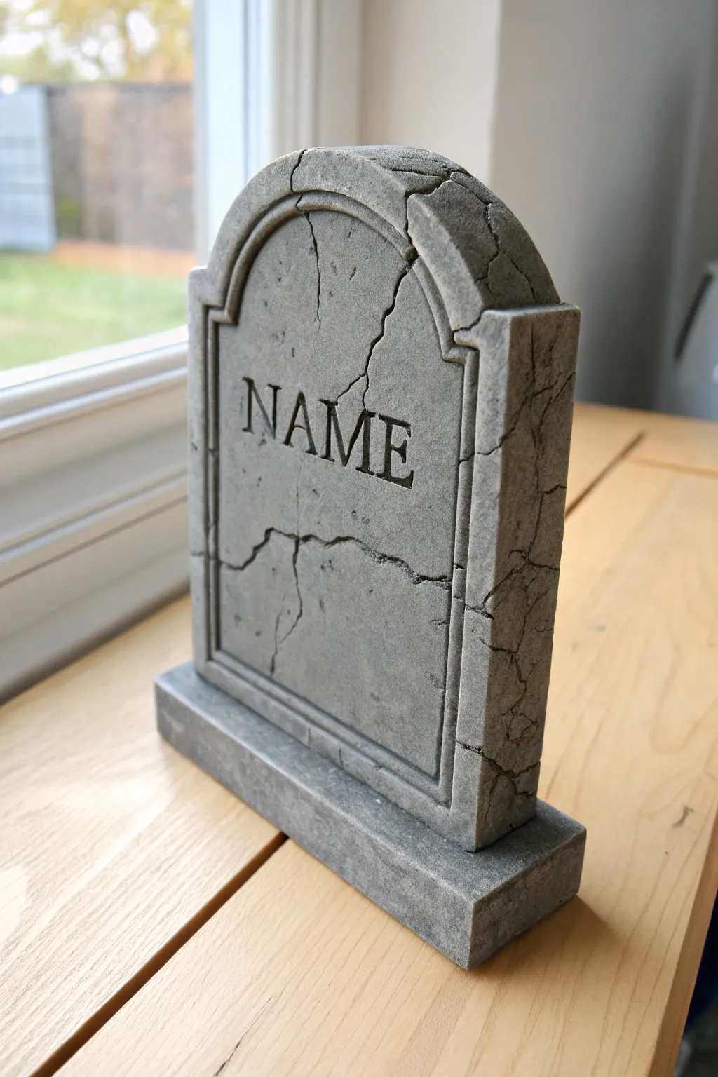 Stone-gray cracked tombstone plaque with dark wash, minimalist spooky décor for clay makers.