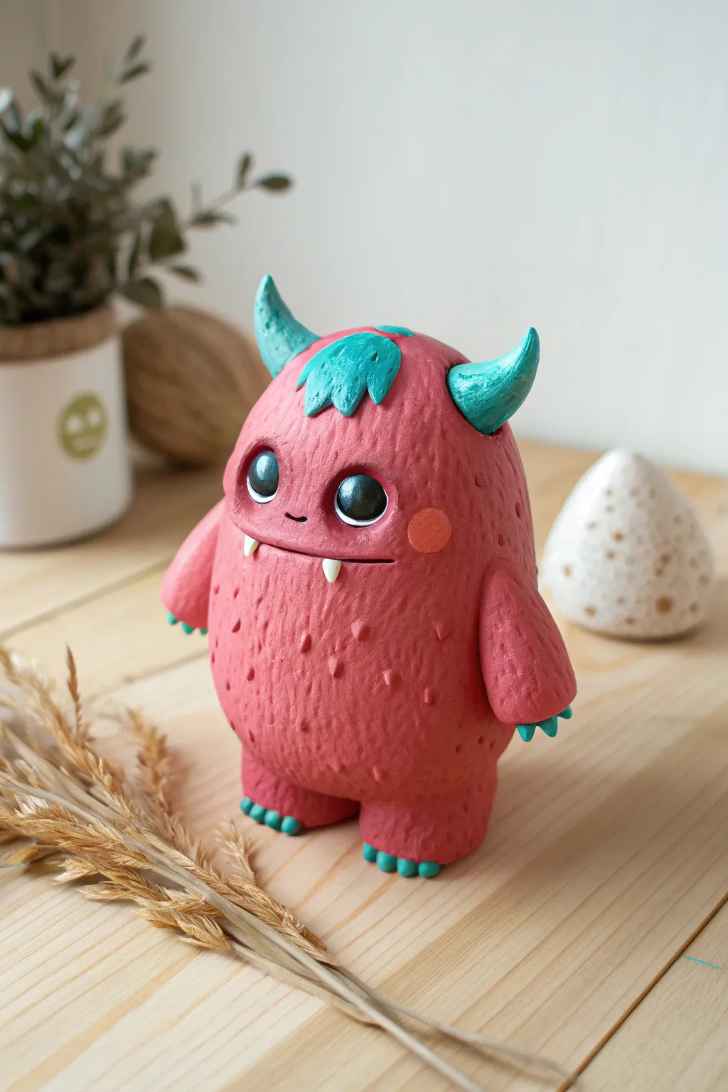 Creepy-cute chibi clay monster with blush cheeks and extra eyes, perfect for spooky decor