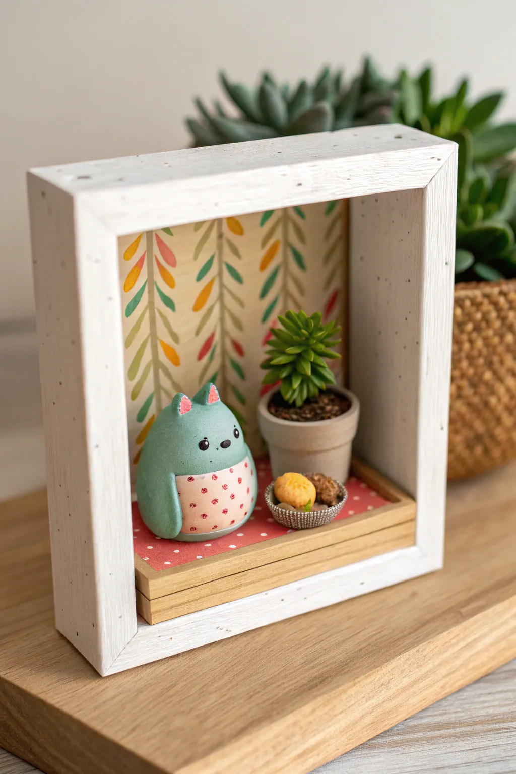 Matchbox-size clay diorama with a tiny creature and plant, bold colors, minimalist shadowbox charm.