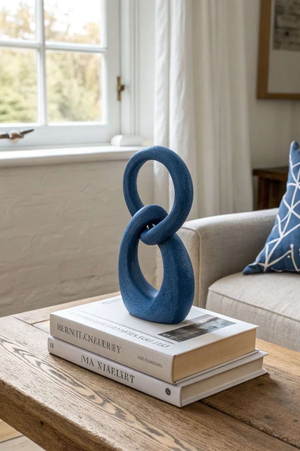 Matte cobalt loop sculpture on a coffee table book, minimalist and bold for modern interiors.