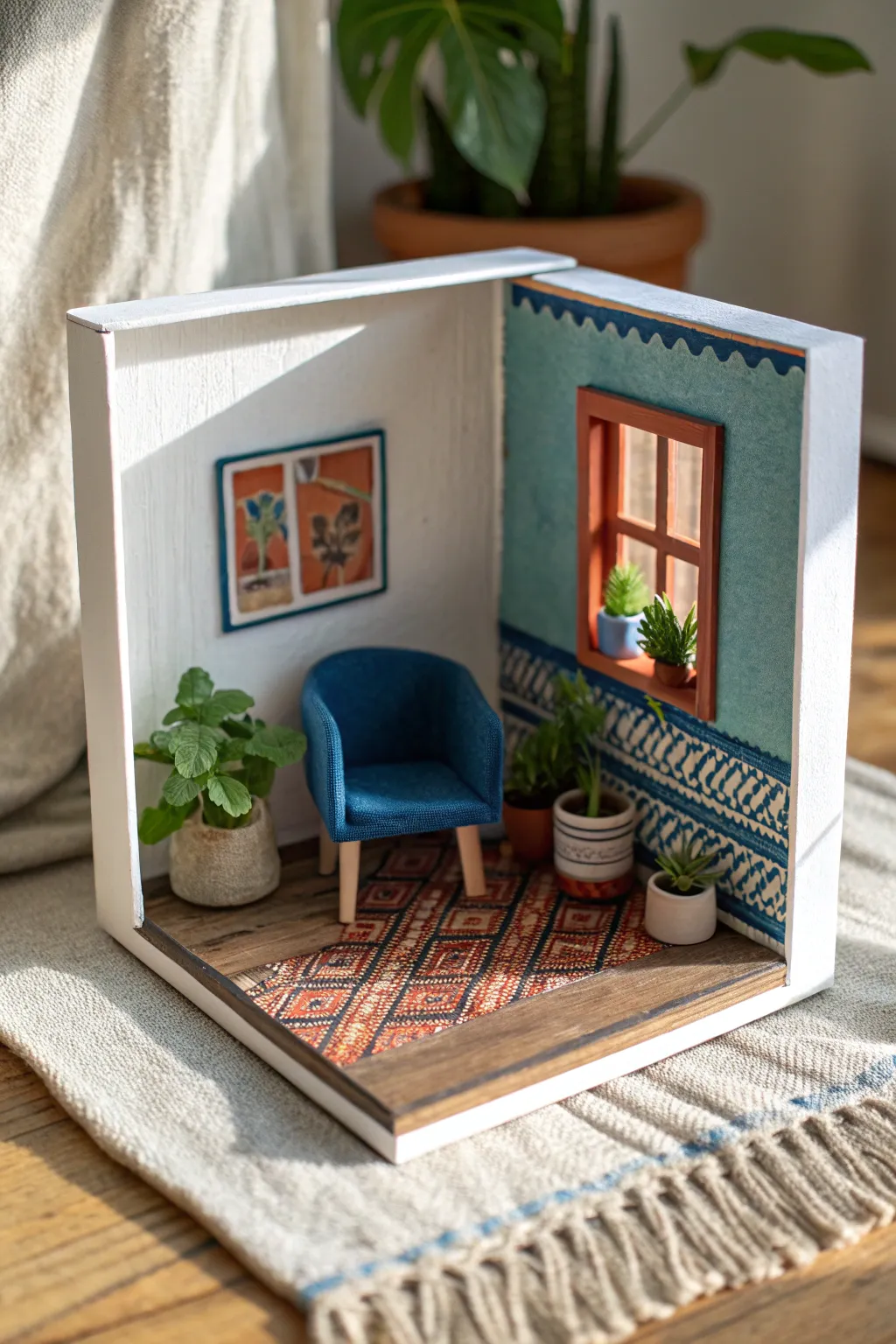 Mini clay room diorama with chair, plant, and rug—simple, cozy, and boldly colored.