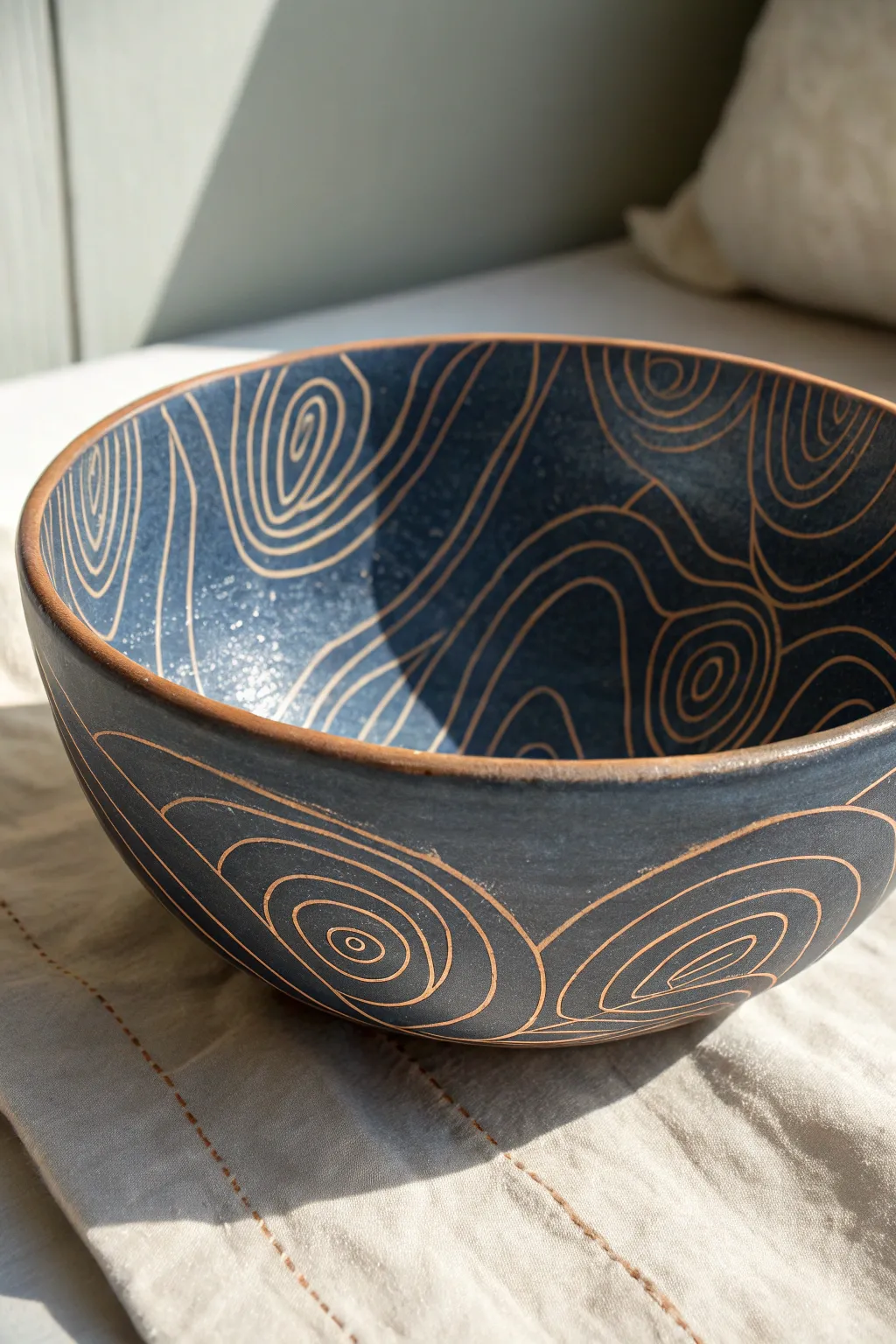 Calm topographic sgraffito lines on a modern wide bowl, bold contrast for minimalist boho decor.