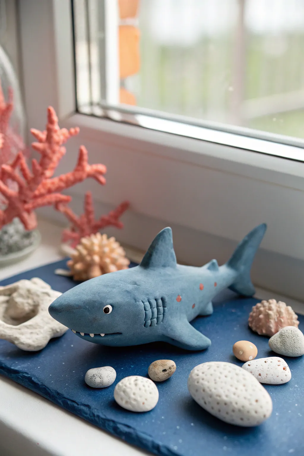 Minimal undersea clay shark diorama with coral pops, bold blue backdrop, and cozy boho calm.
