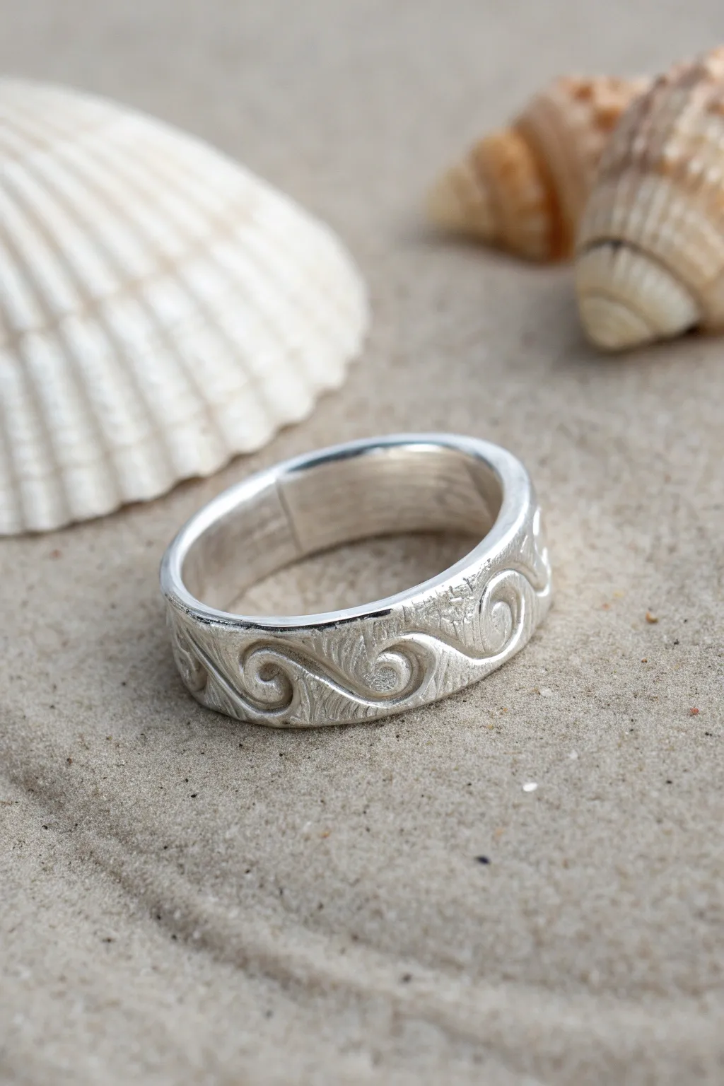 Ocean-inspired silver clay ripple band with calm wave texture and coastal minimal styling