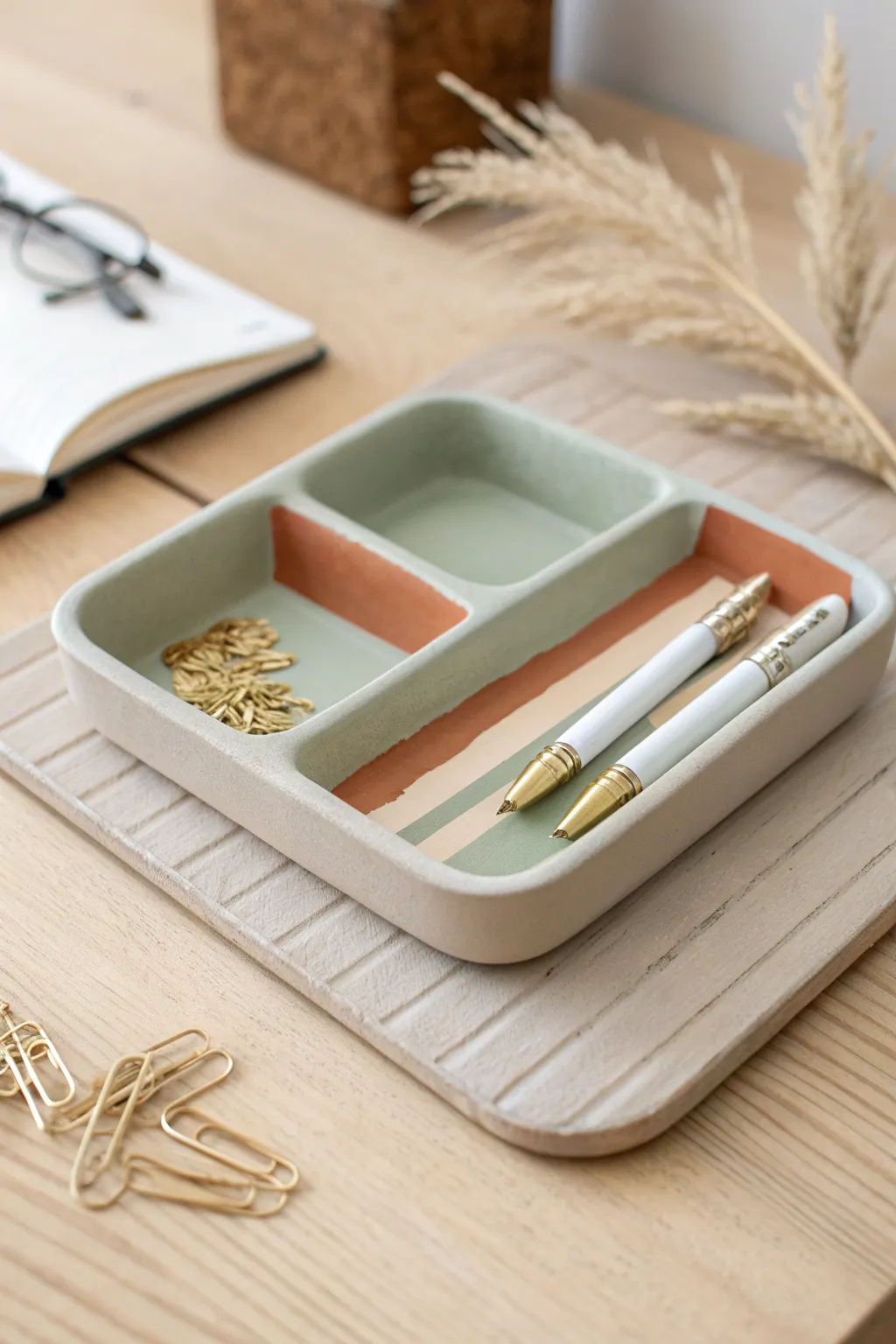 Beginner air dry clay desk tray in calm tones with a bold pop, perfect for tiny supplies