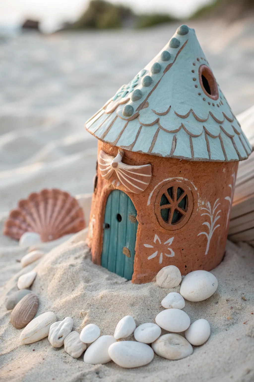 Seashell Shore fairy house in soft sand tones, wave roof and pebble accents, simple and dreamy.