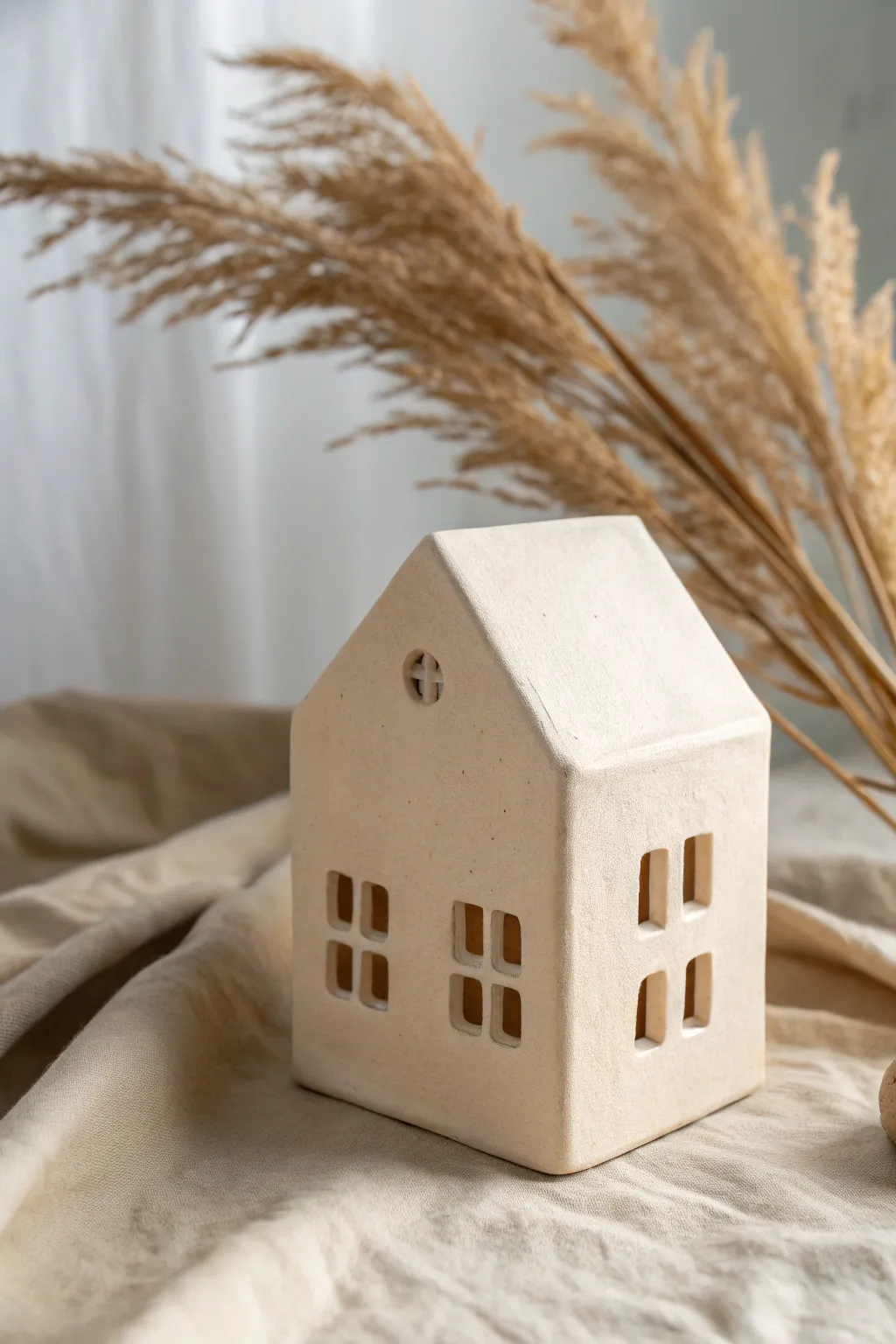 Modern minimal clay house with clean lines, warm neutrals, and a calm Scandinavian backdrop