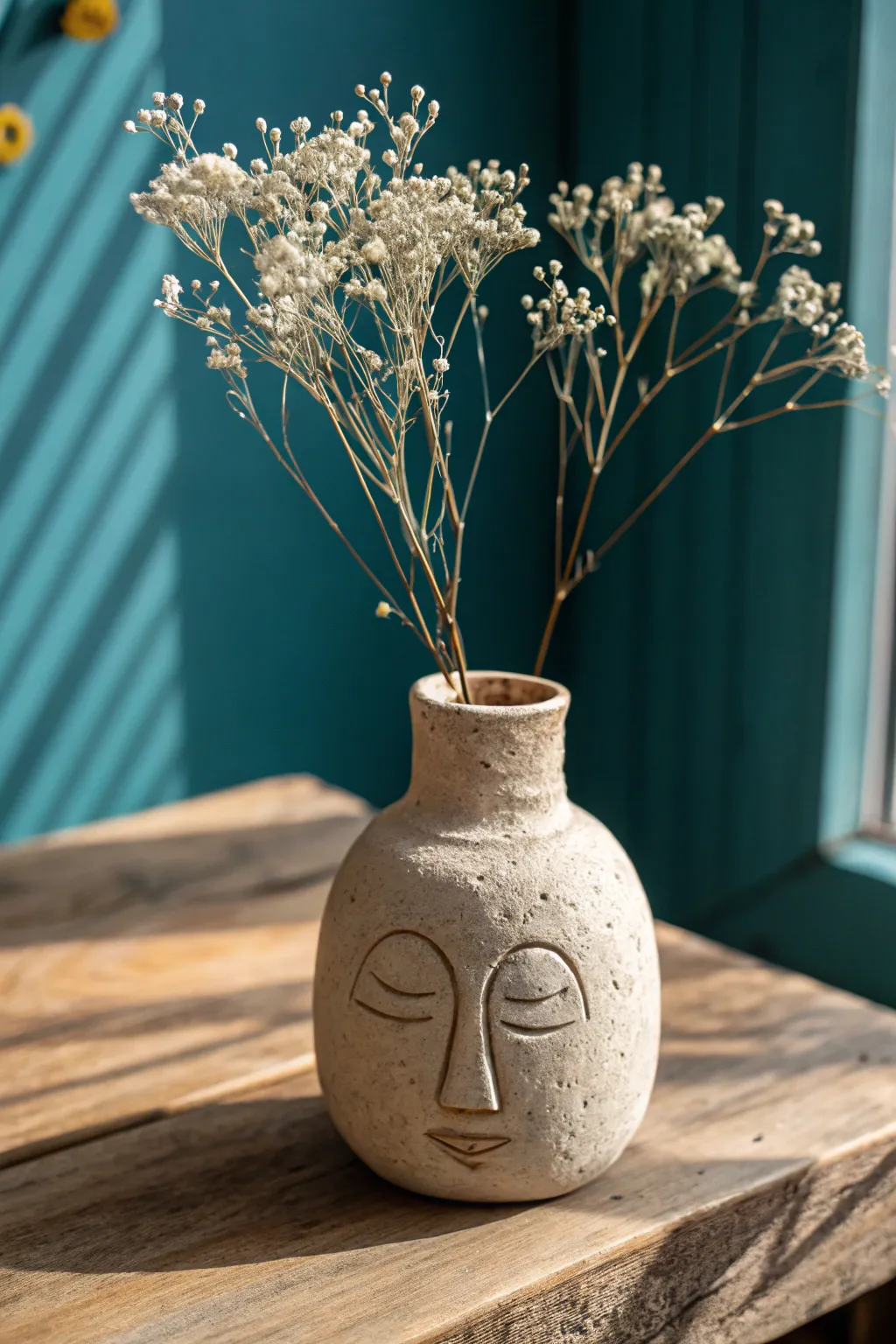 Easy abstract face vase idea in matte neutral clay style, finished look with a few airy stems