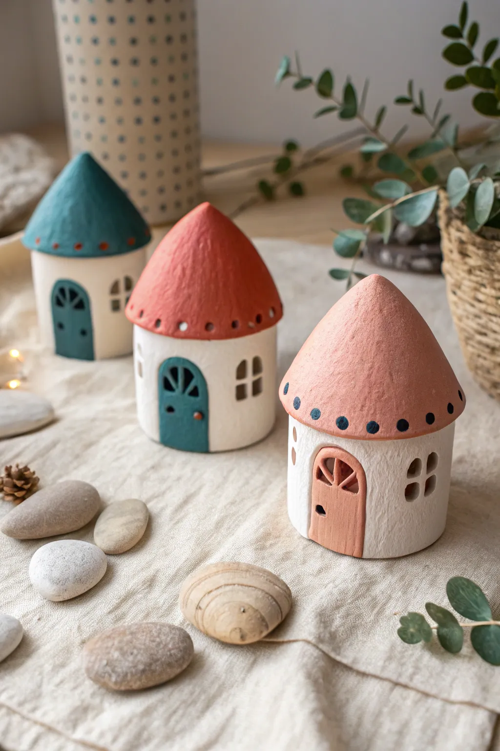 Tiny clay fairy houses with pebbles and leaves for a sweet, simple mini garden scene.