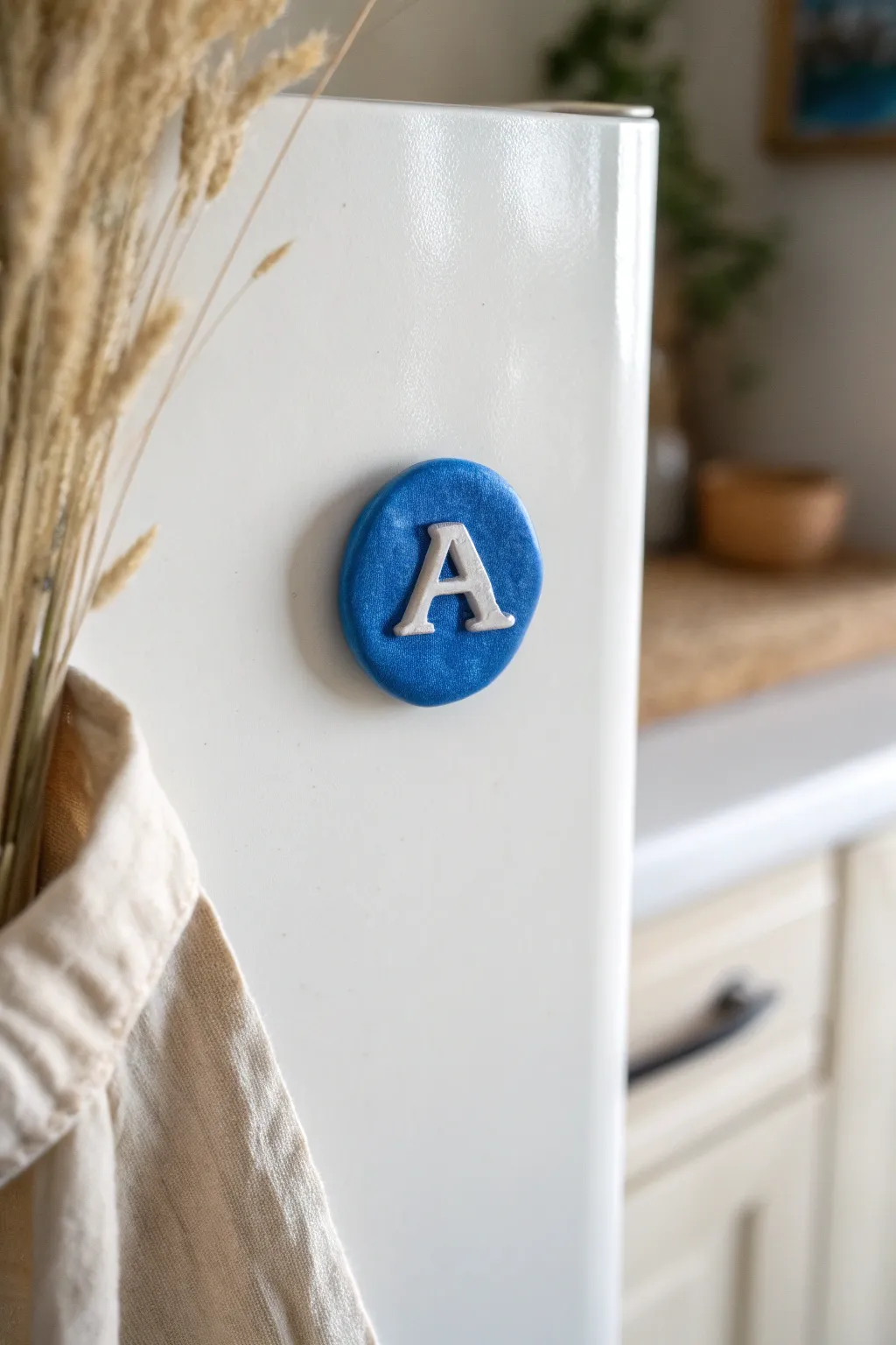 Bold clay monogram magnet adds a playful pop of color to a minimalist Scandinavian fridge