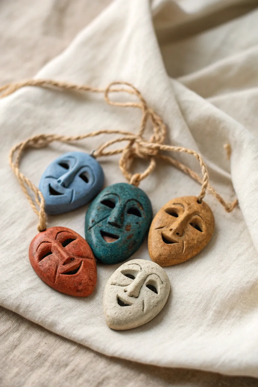 Mini clay mask charms in bold earthy colors, minimalist boho accents, simple and ready to hang.