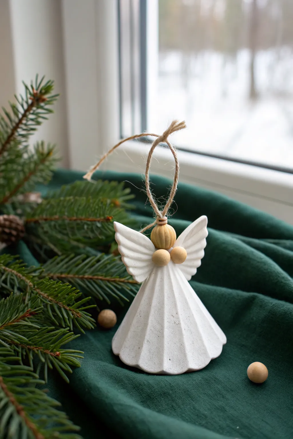 Minimal clay-and-wood bead angel ornament, rustic twine loop, modern Nordic holiday charm.