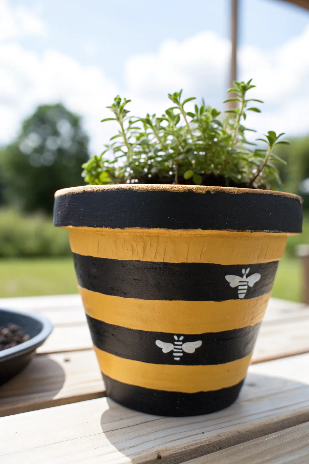 Chunky black and yellow bumblebee stripes with tiny white wings for a cheerful clay pot.