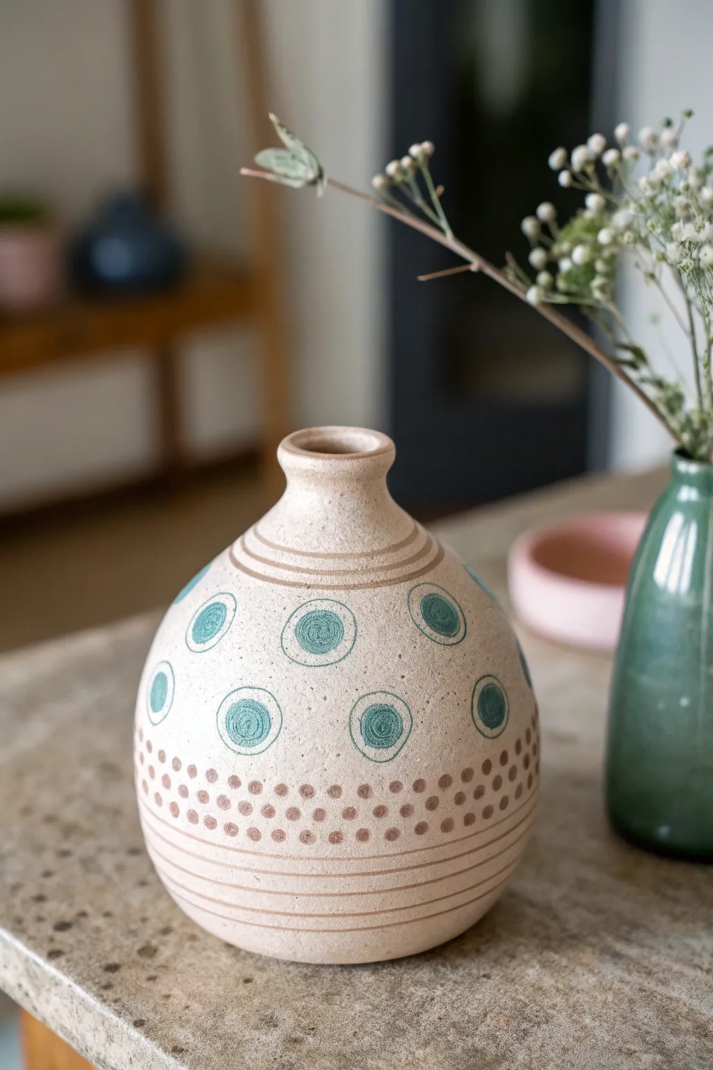 Minimal bud vase with organic dot cluster bands, an easy stamped texture for beginners.
