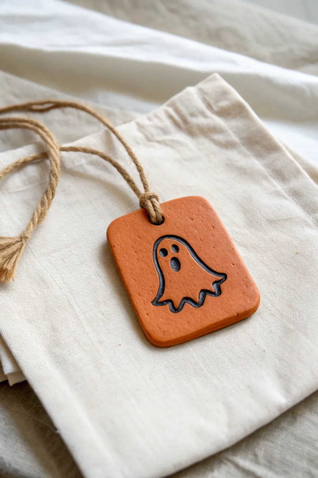 Minimal clay ghost bag tag in bold pumpkin orange, perfect for easy Halloween trick-or-treat bags
