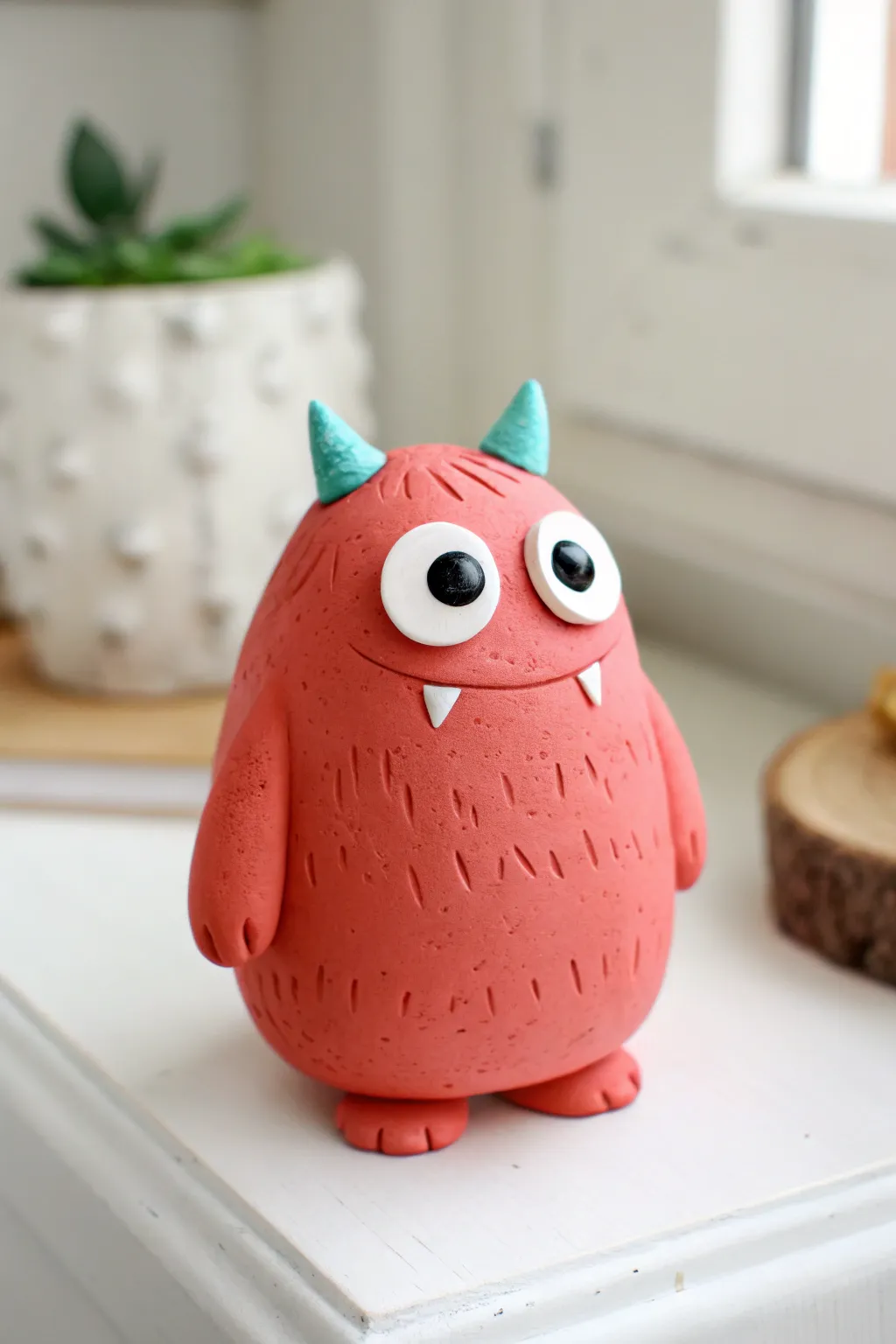 Silly clay monster blob with big eyes and tiny horns, a cute beginner friendly modeling clay idea.