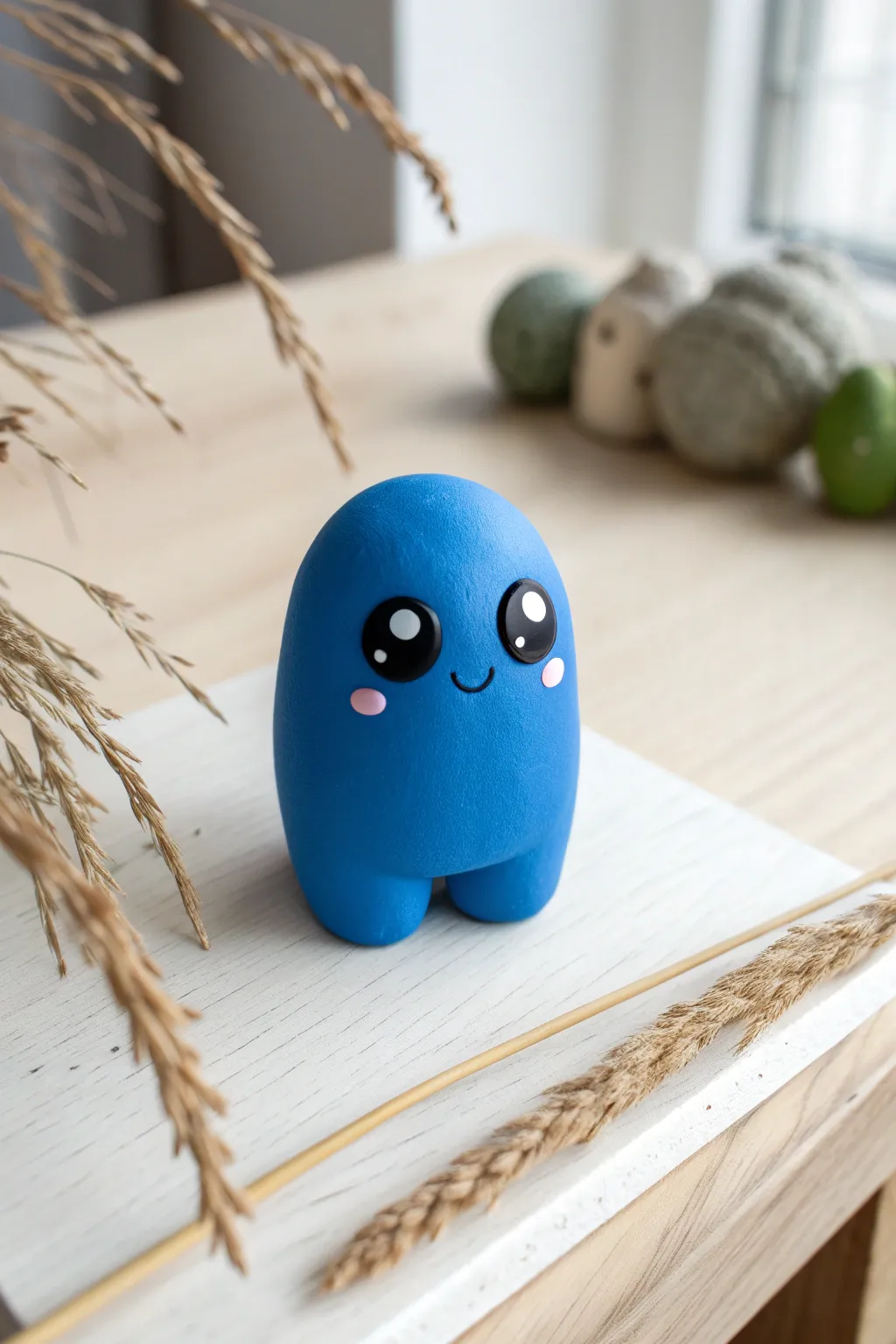 Cute big eyed polymer clay desk buddy brightens a minimalist workspace, easy no arms needed.