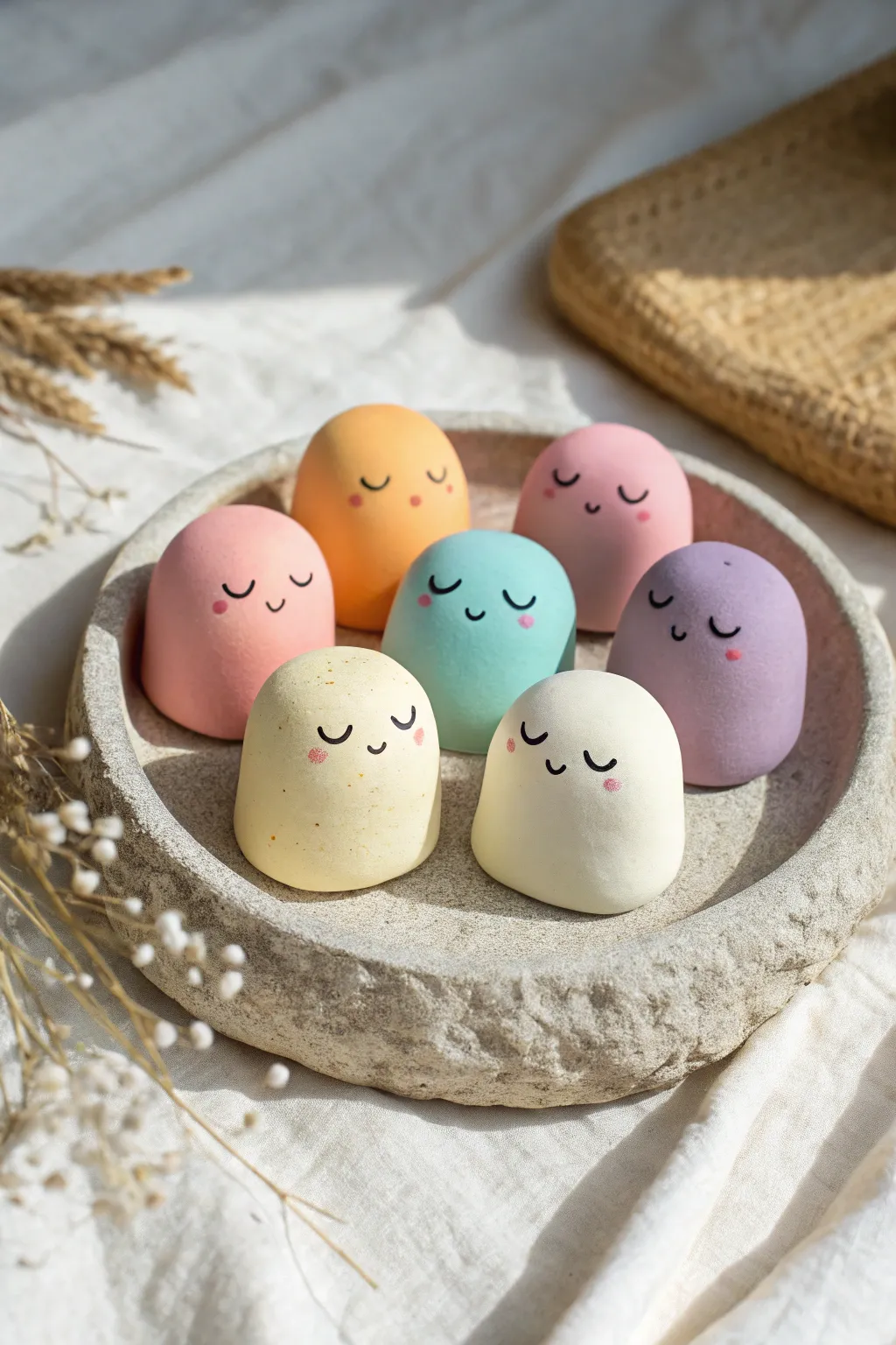 Marshmallow clay blob characters in bold colors, a simple minimalist boho figure collection idea.