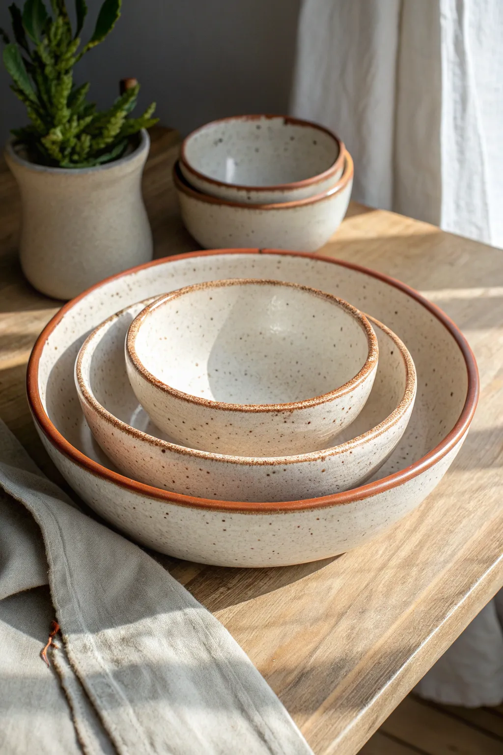 Nested slab bowl set in graduated sizes, minimalist and boho with bold terracotta accents