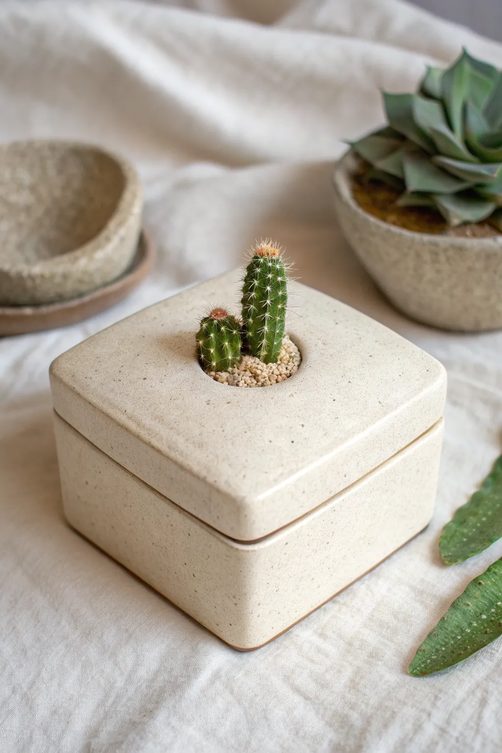Minimal slab box with a tiny cactus diorama lid for a sweet, modern boho statement piece