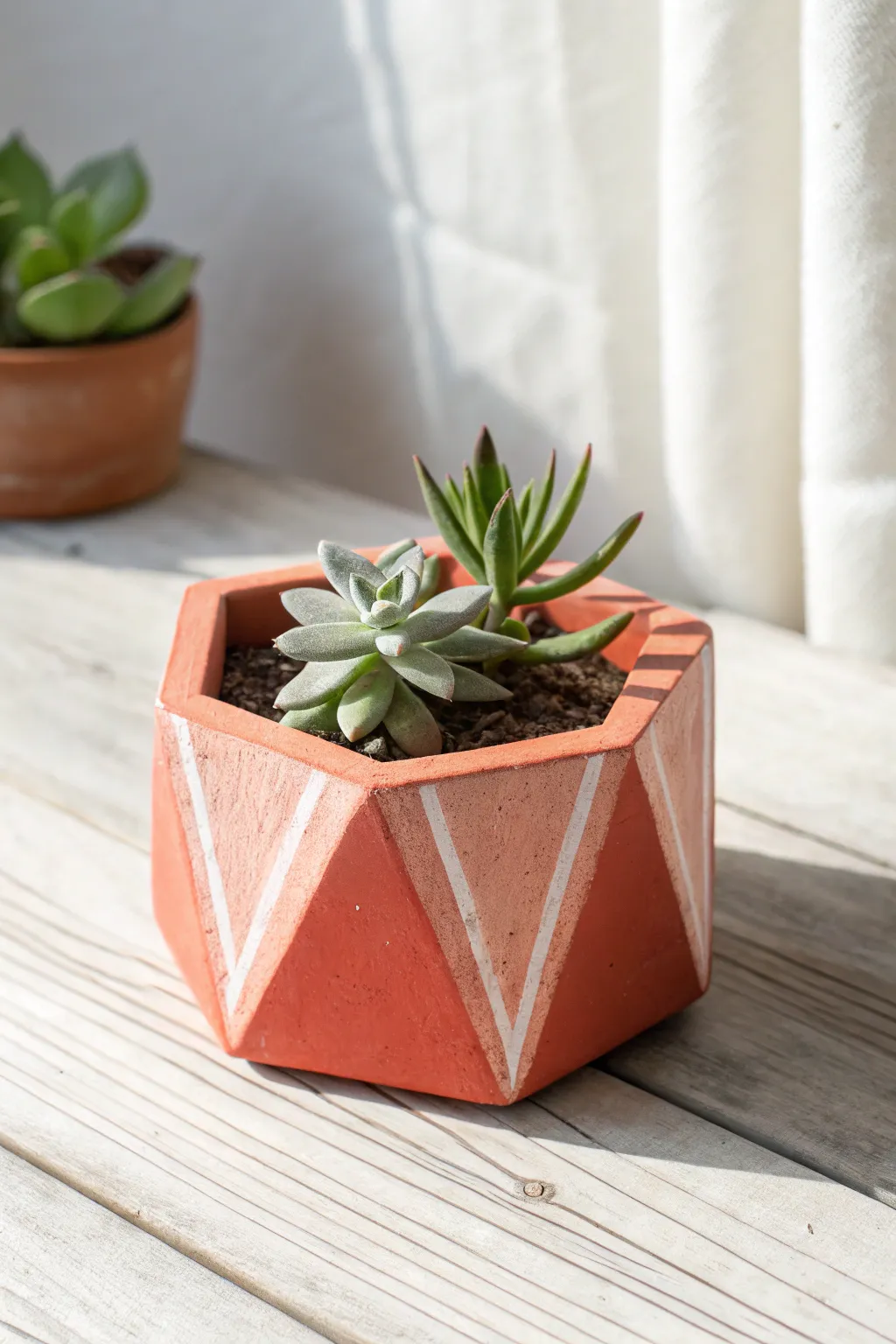 Beginner-friendly geometric slab planter with bold coral glaze, clean lines, and bright natural light.