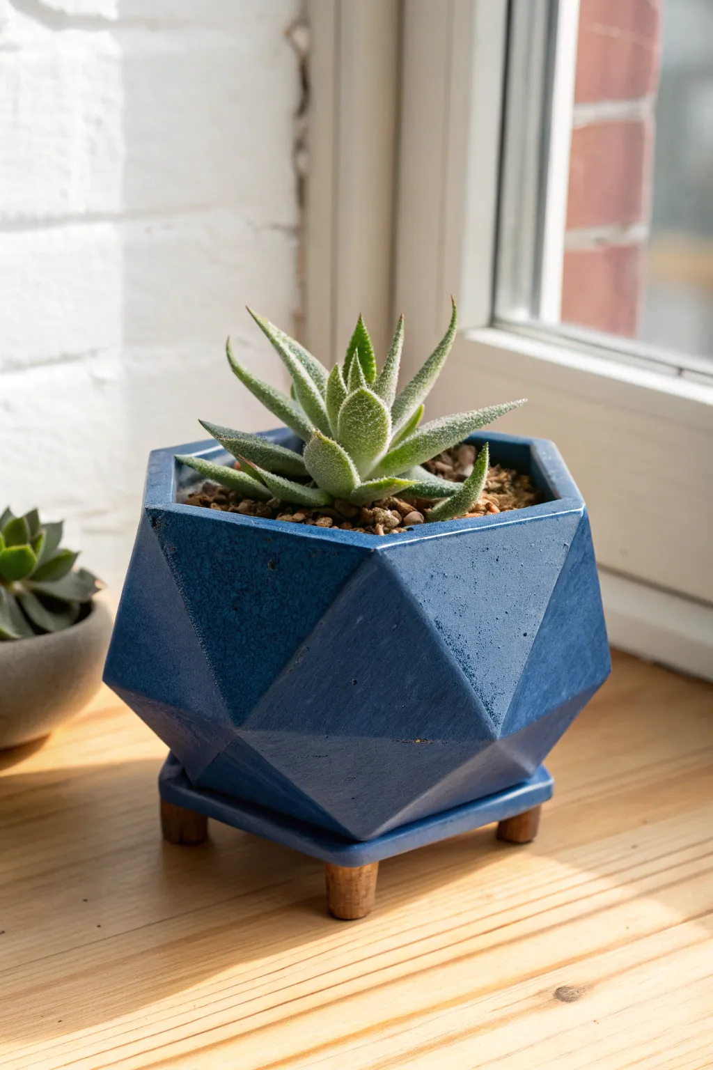 Geometric slab planter on three feet with a tiny succulent and matching drainage saucer.