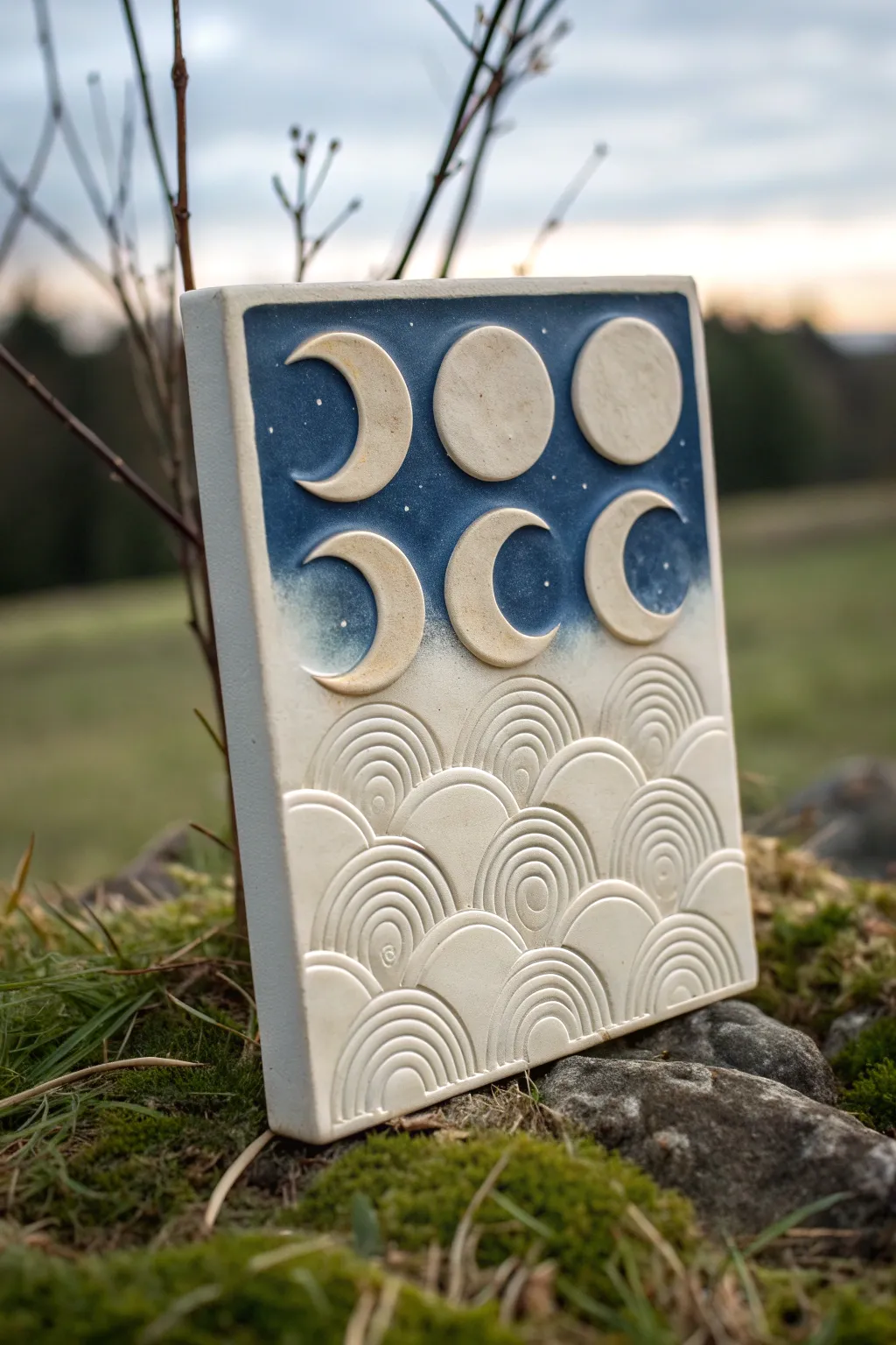 Moon phase slab tile with layered clouds, clean relief carving and bold indigo contrast.