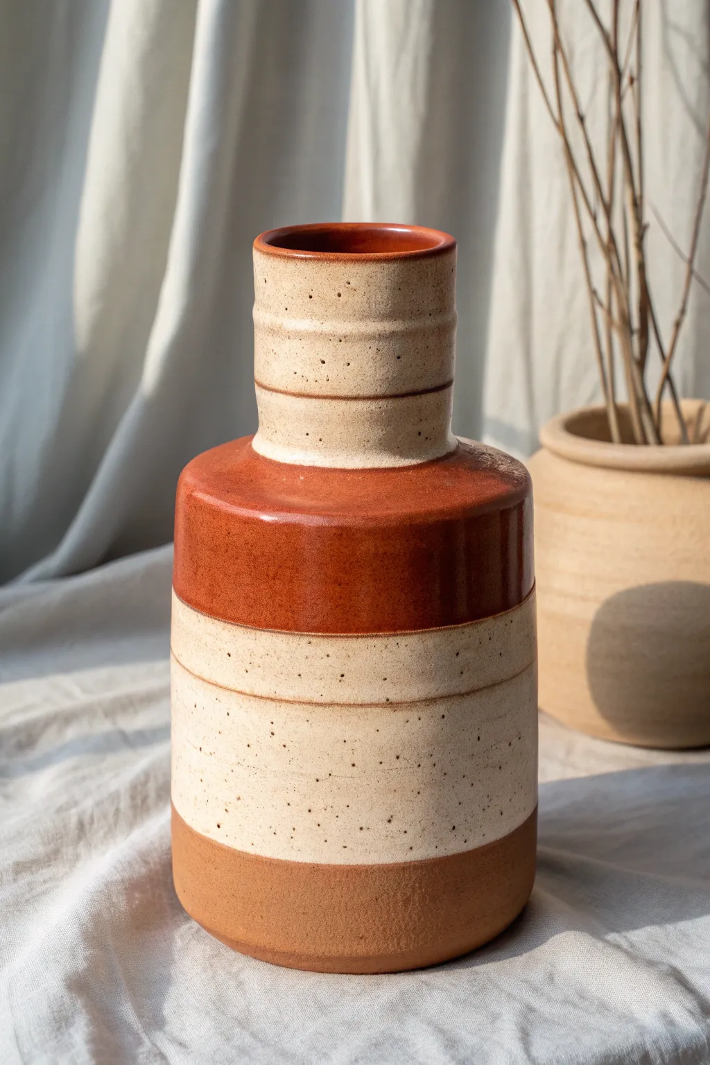 Stacked two-part slab vase with offset sleeve, minimal seams and bold earthy contrast