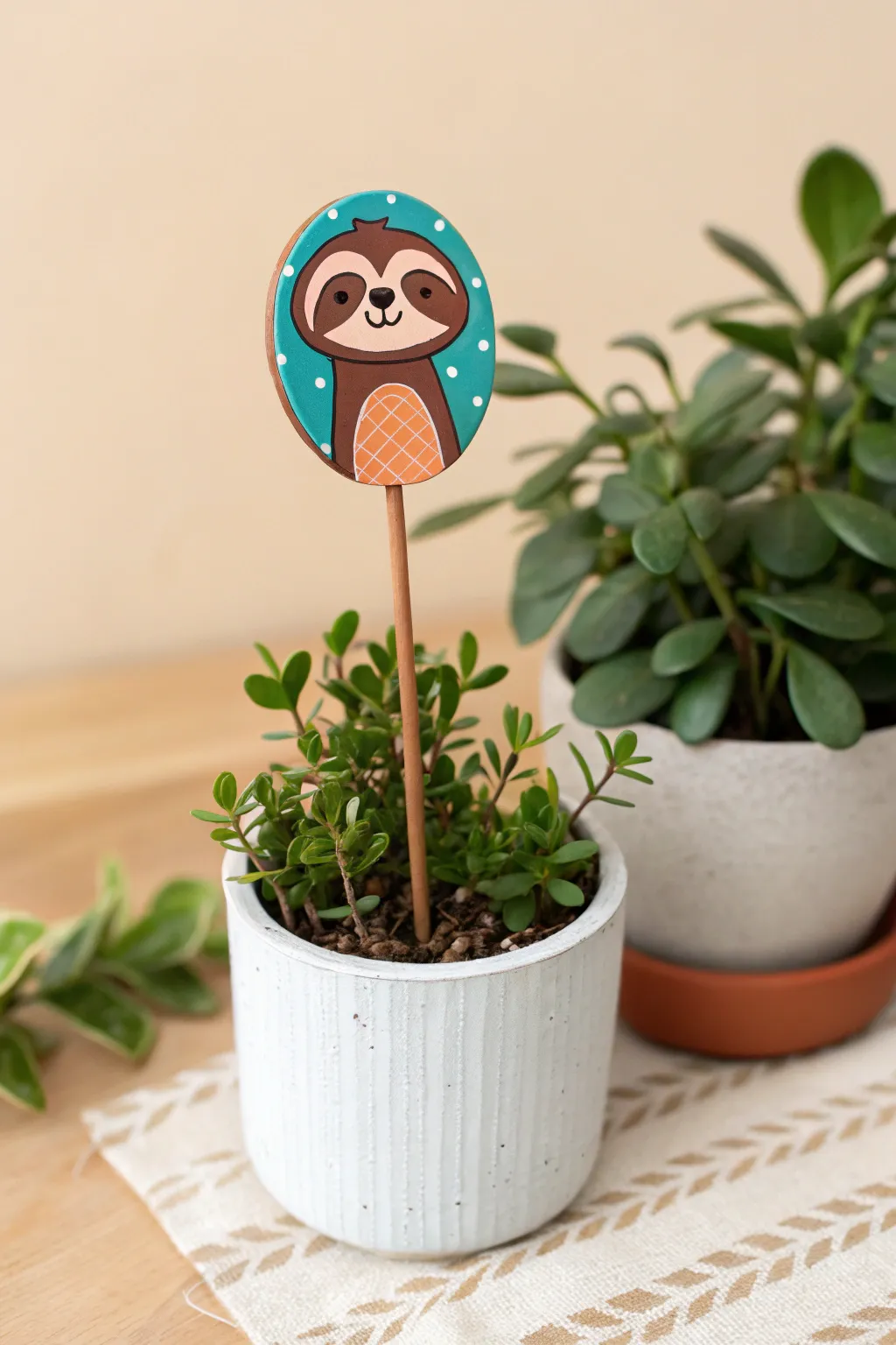 Handmade sloth plant marker stake adds cozy charm to your pots in minimalist boho style