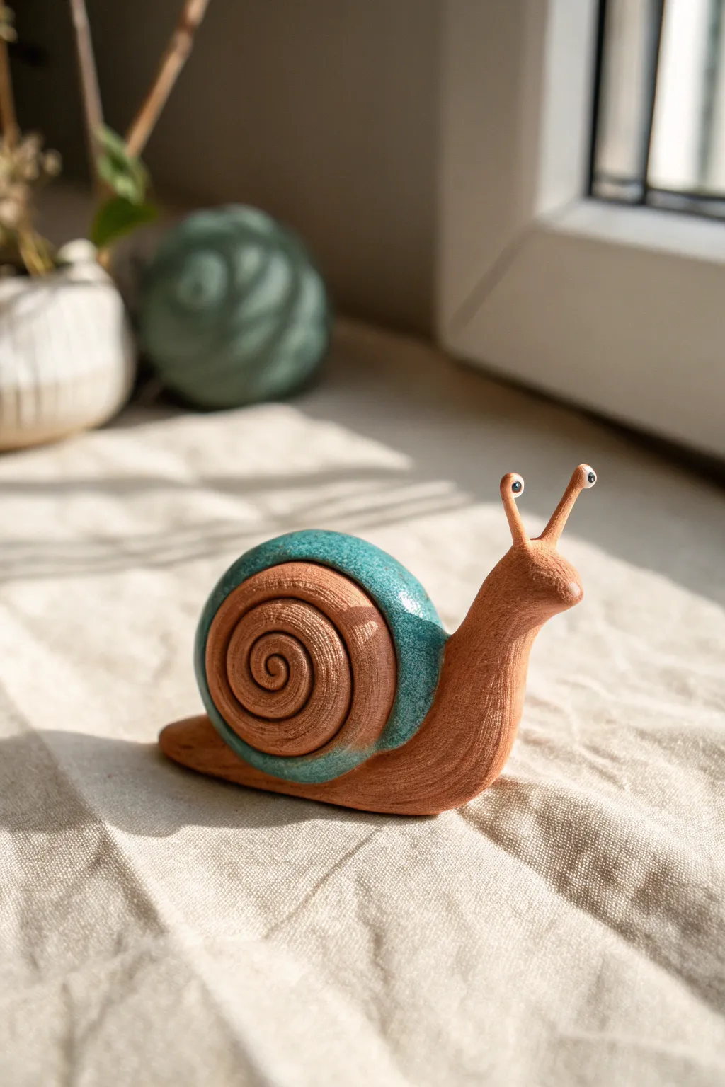 Tiny coiled clay snail with a bold two-tone swirl shell, minimal styling and cozy boho charm