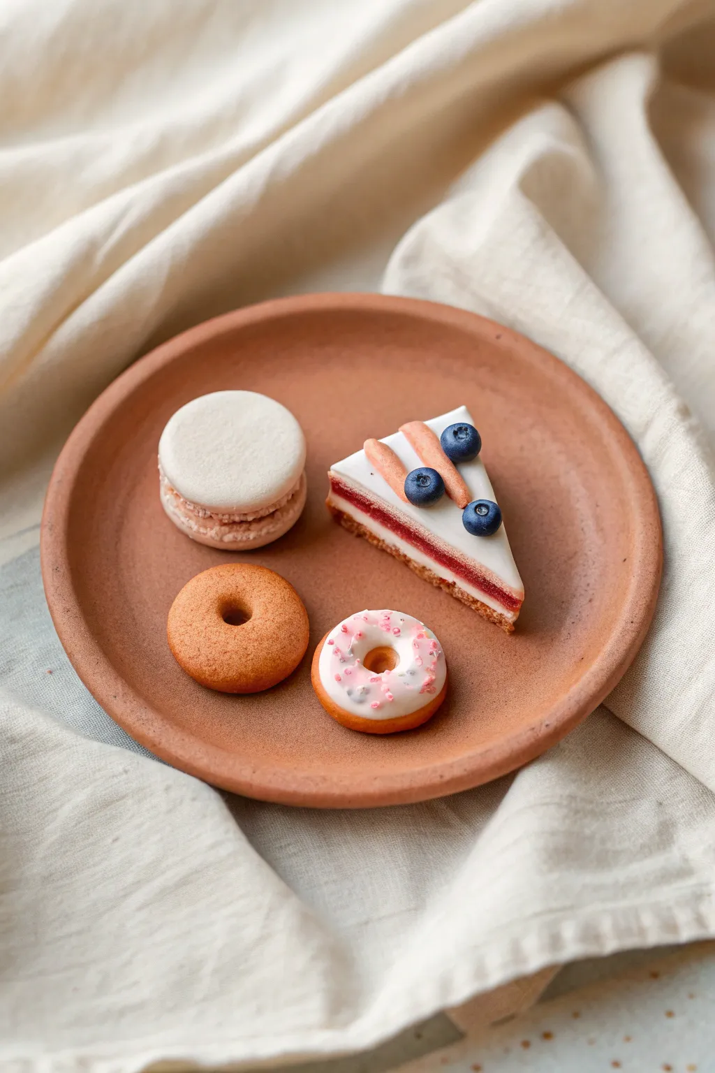 Mini clay sweet bites on a tiny plate: cookies, donut, and cake slice in bold minimal colors.