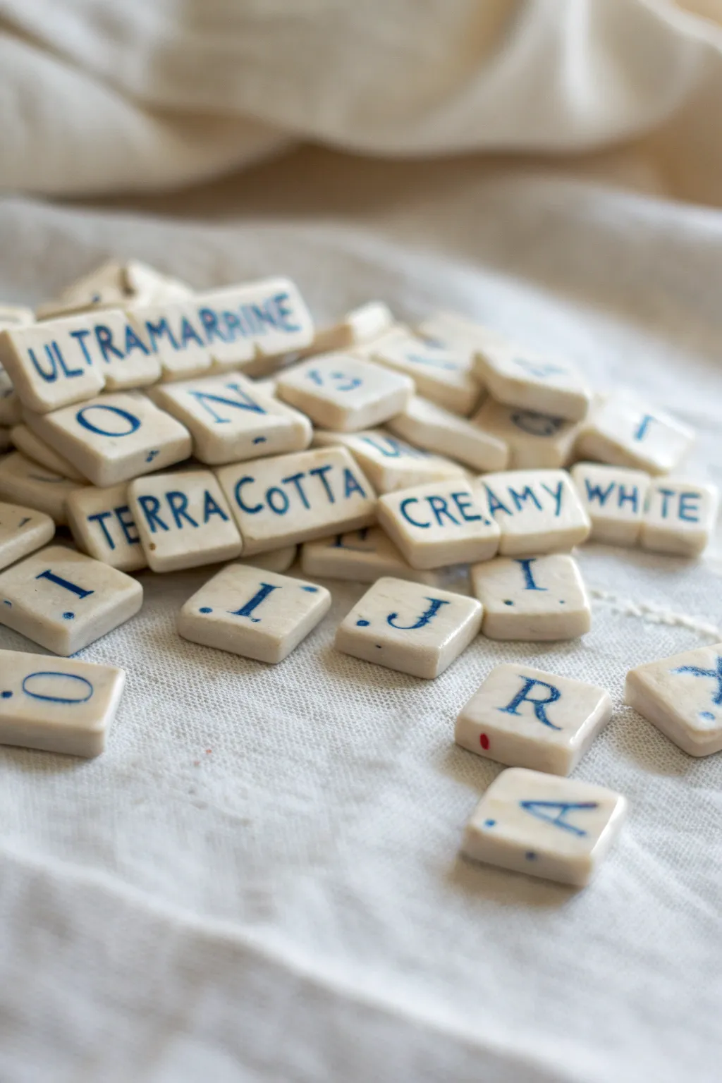 Tiny clay letter tiles in bold, minimalist colors, captured close-up to highlight handmade texture.