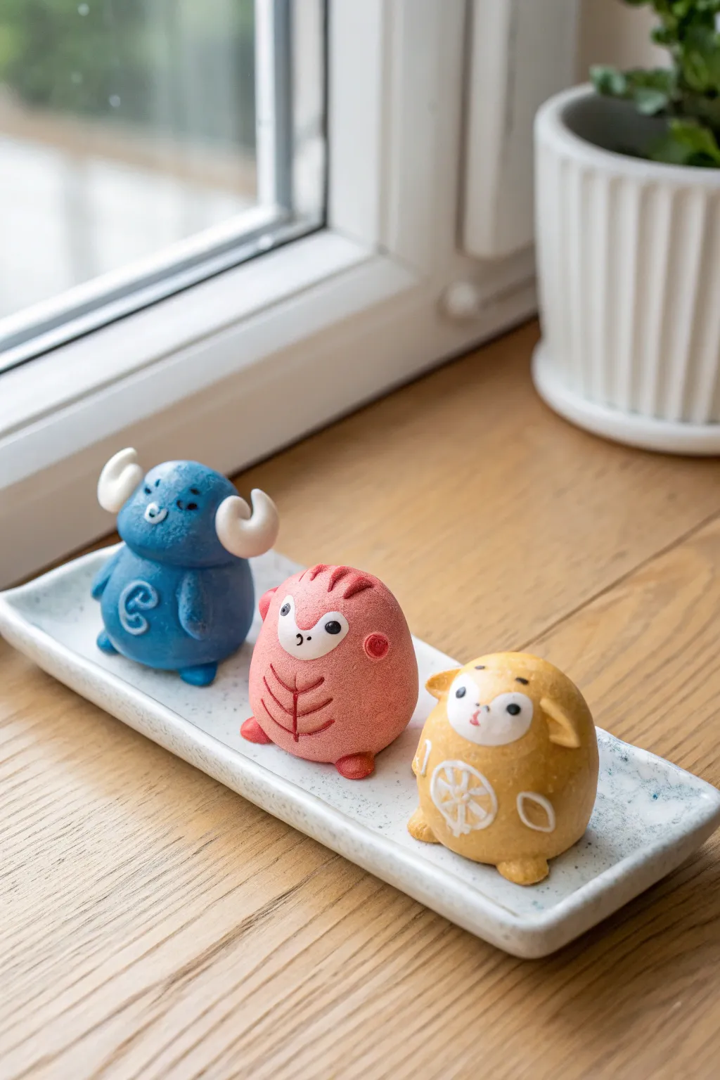 Mini zodiac animal trio in bold boho hues: ram, crab, and fish, simple and adorable.