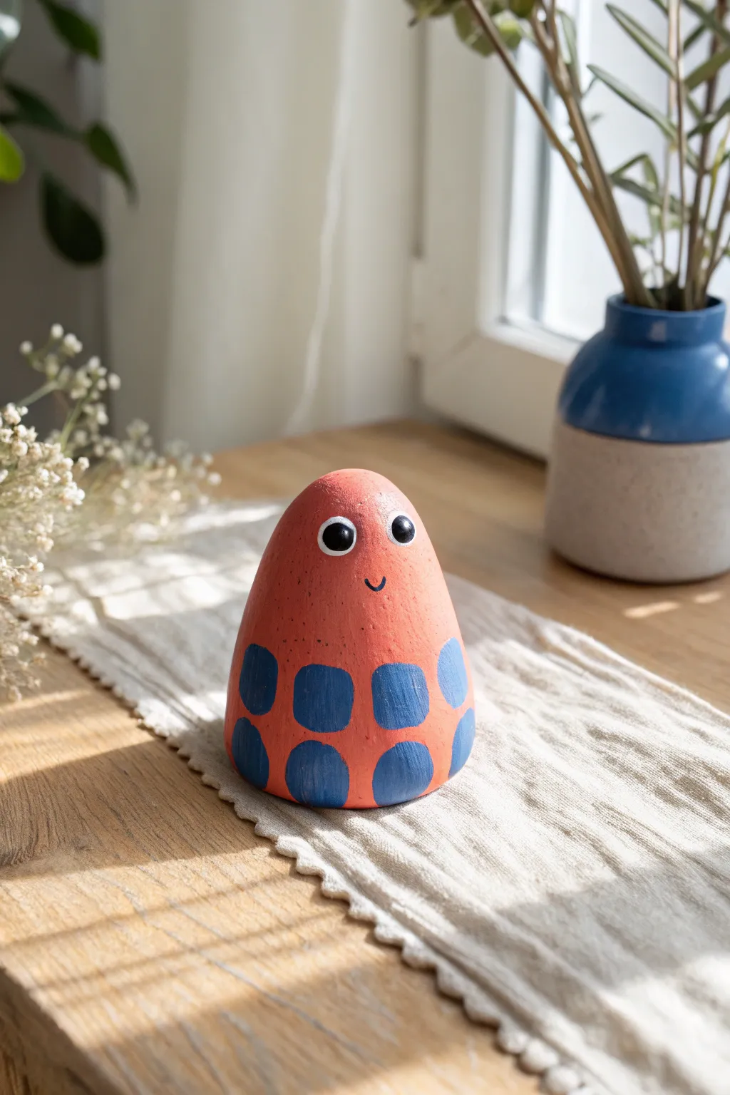 Cheerful blob monster mini with mismatched eyes, bold colors, and handmade charm
