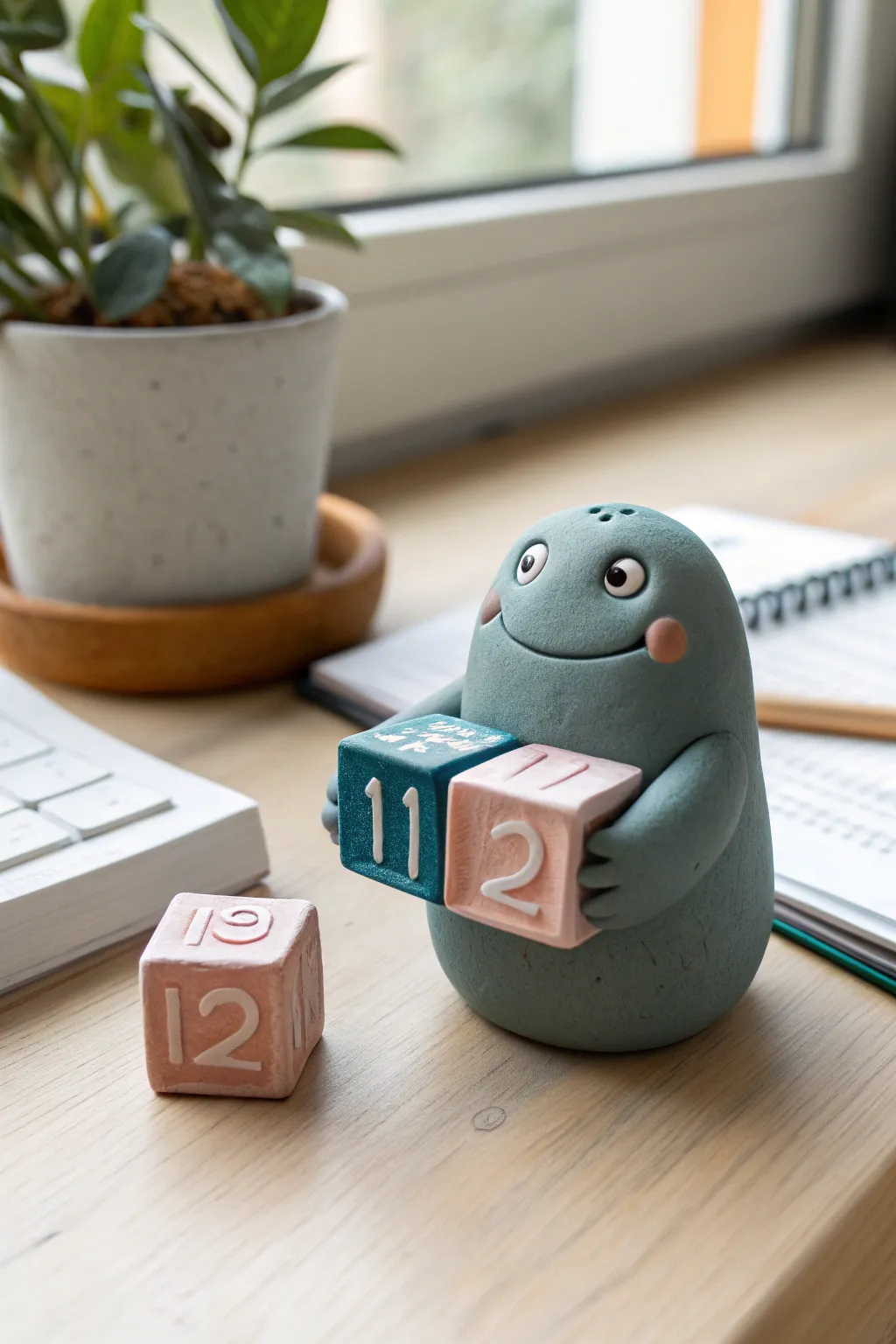Mini clay calendar buddy holding date cubes, a bold color pop for a calm minimalist desk