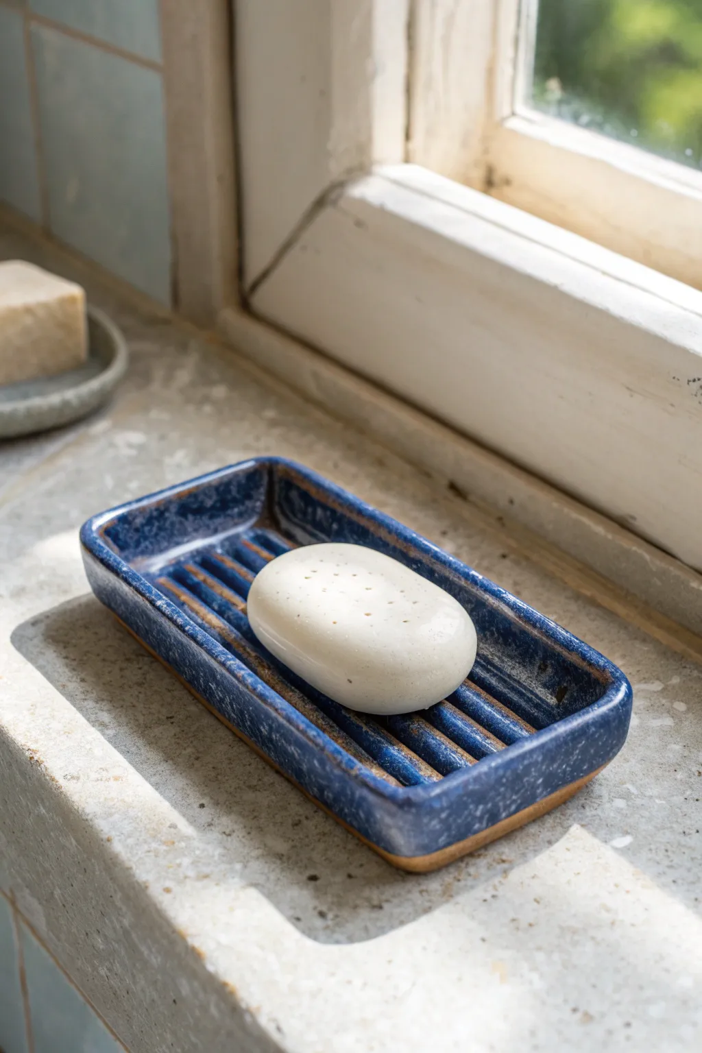 Simple clay soap dish with clean grooves and a bold cobalt glaze for an airy minimalist bathroom.
