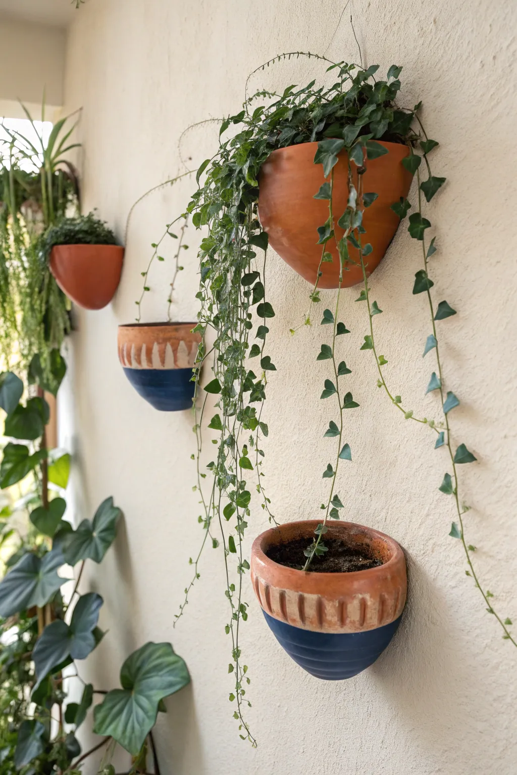Hanging trio of small clay wall pockets with trailing greenery for a clean, boho-minimal look