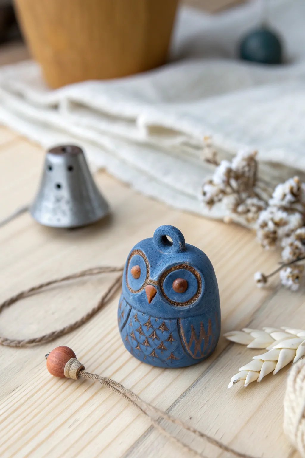 Tiny owl whistle with a companion bell creature, minimal wood styling and bold glaze, handmade charm