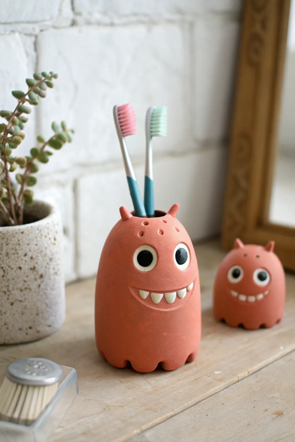 Tiny monster toothbrush holder in bold coral glaze, minimalist Scandinavian style with boho warmth.