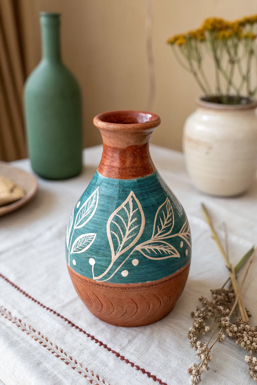 Mini sgraffito vase with bold carving and high-contrast slip, simple and striking