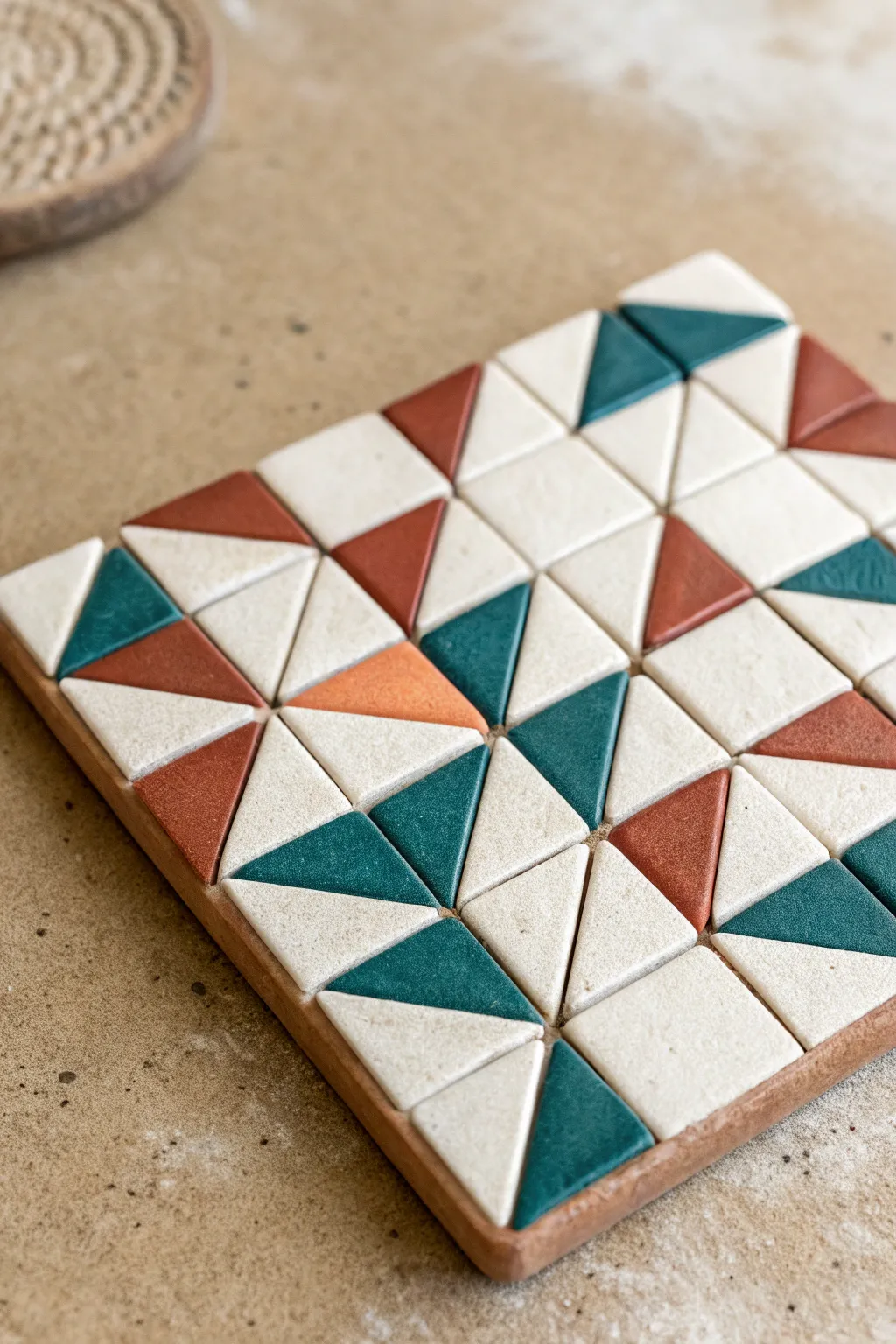 Tiny clay tile mosaic in bold earthy tones, a simple micro wall tile set with big style.