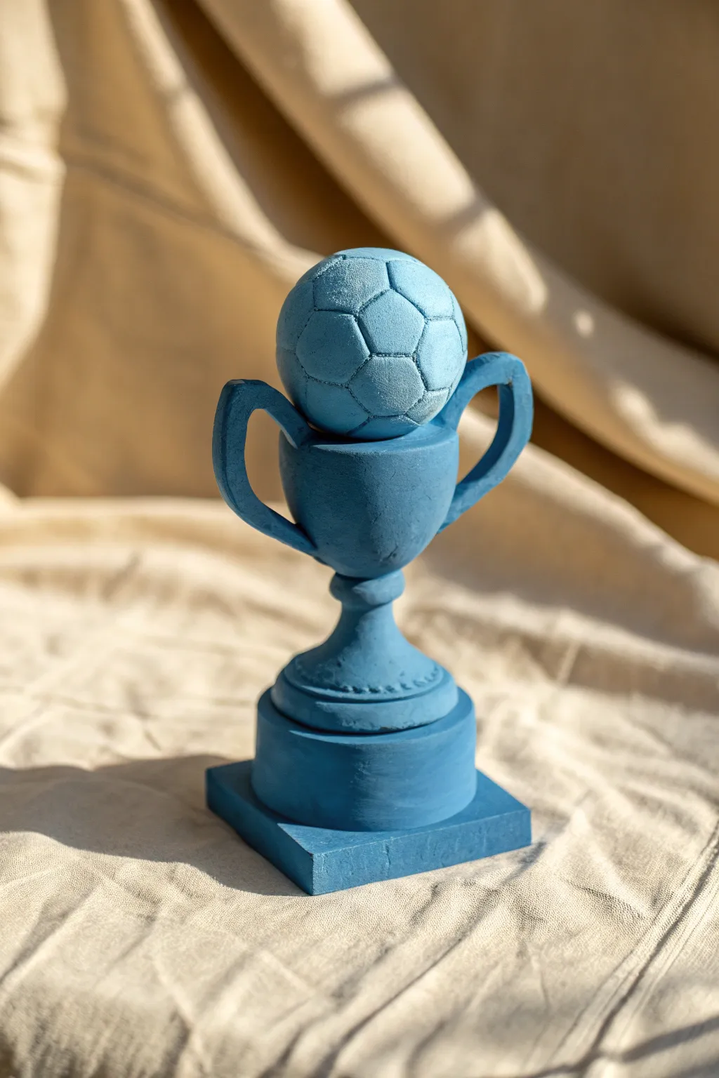 Minimalist soccer trophy mini sculpture in matte cobalt blue, a cute clay win for any football fan.