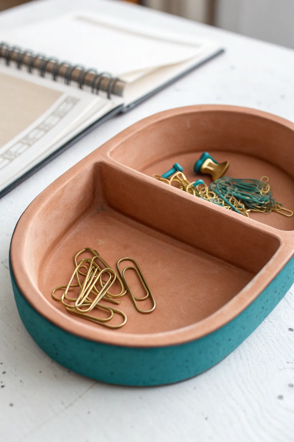 Soft clay desk tray with rounded compartments—minimal, feminine, and perfect for tiny stationery.