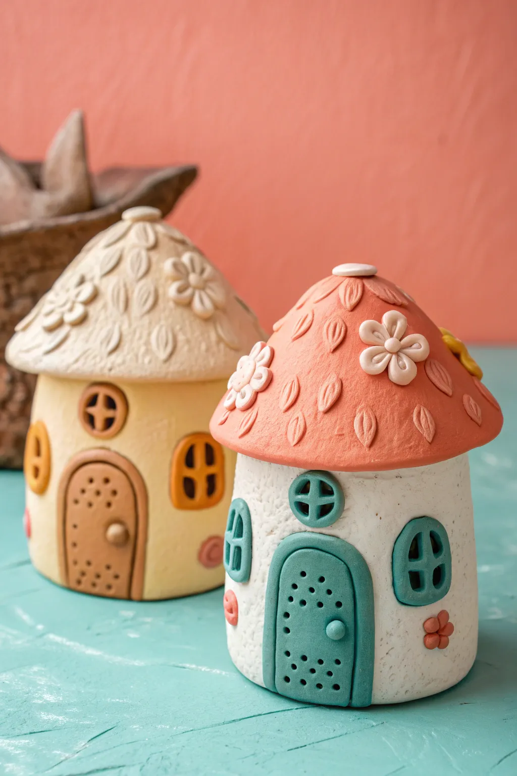 Whimsical soft clay fairy houses with chunky doors, dot windows, and tiny flower details