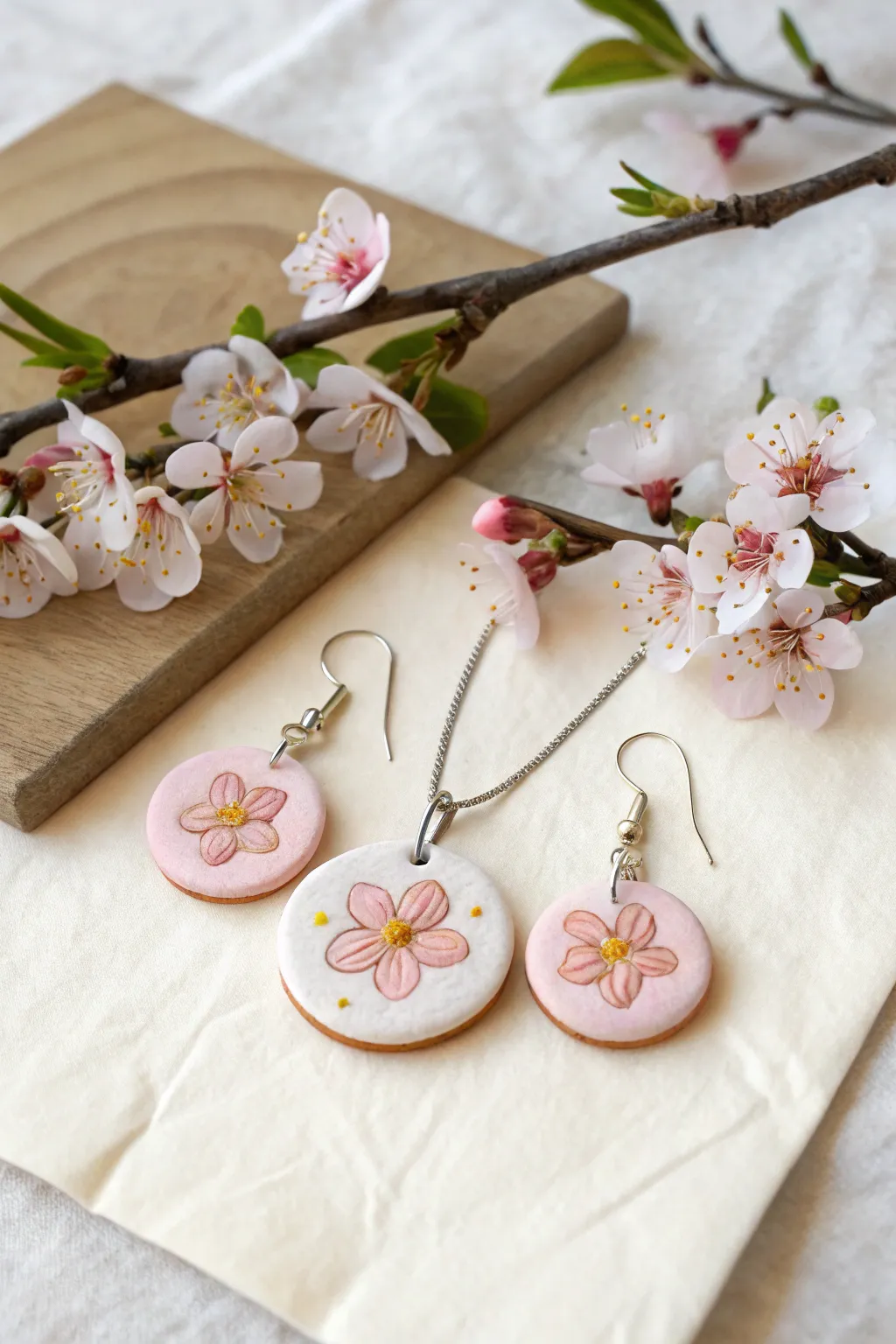 Blush cherry blossom earrings and pendant, styled simply for a fresh spring clay jewelry look