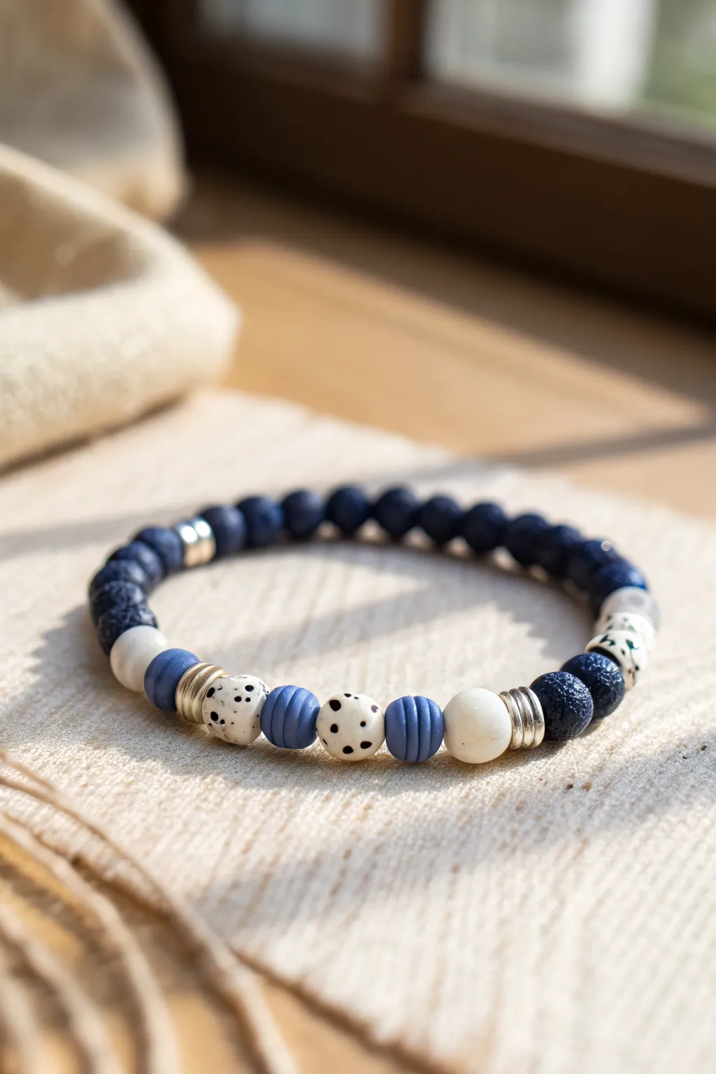Speckled galaxy-inspired Stitch clay bead bracelet in navy, periwinkle, and white heishi.